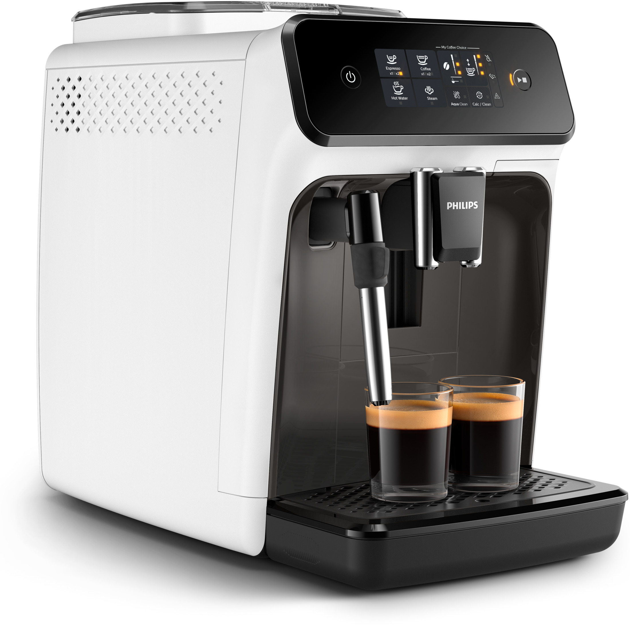 Una macchina da caffè Philips bianca con due bicchieri di espresso.