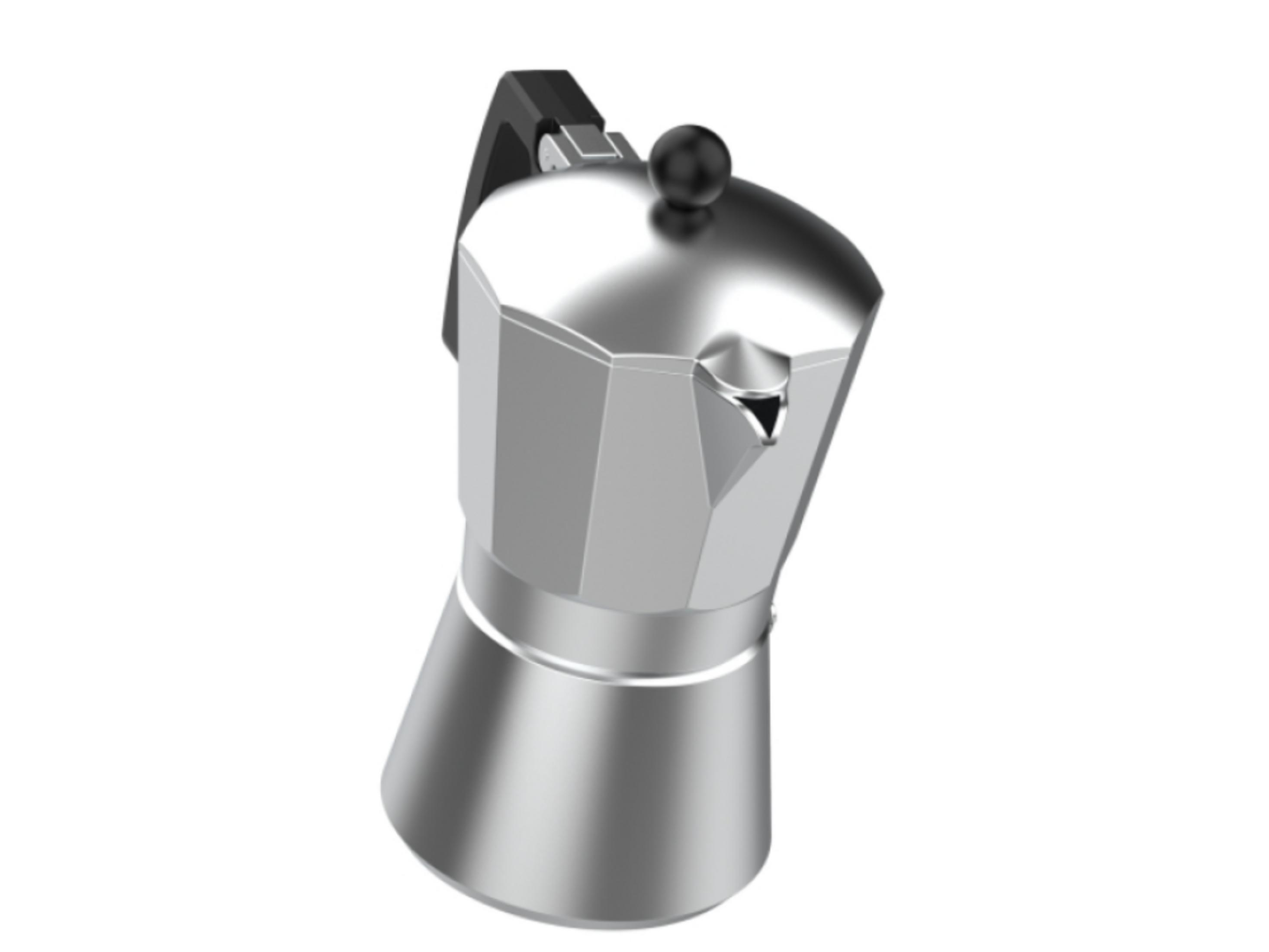 Moka argentata con manico e pomello neri. Isolato su sfondo bianco.