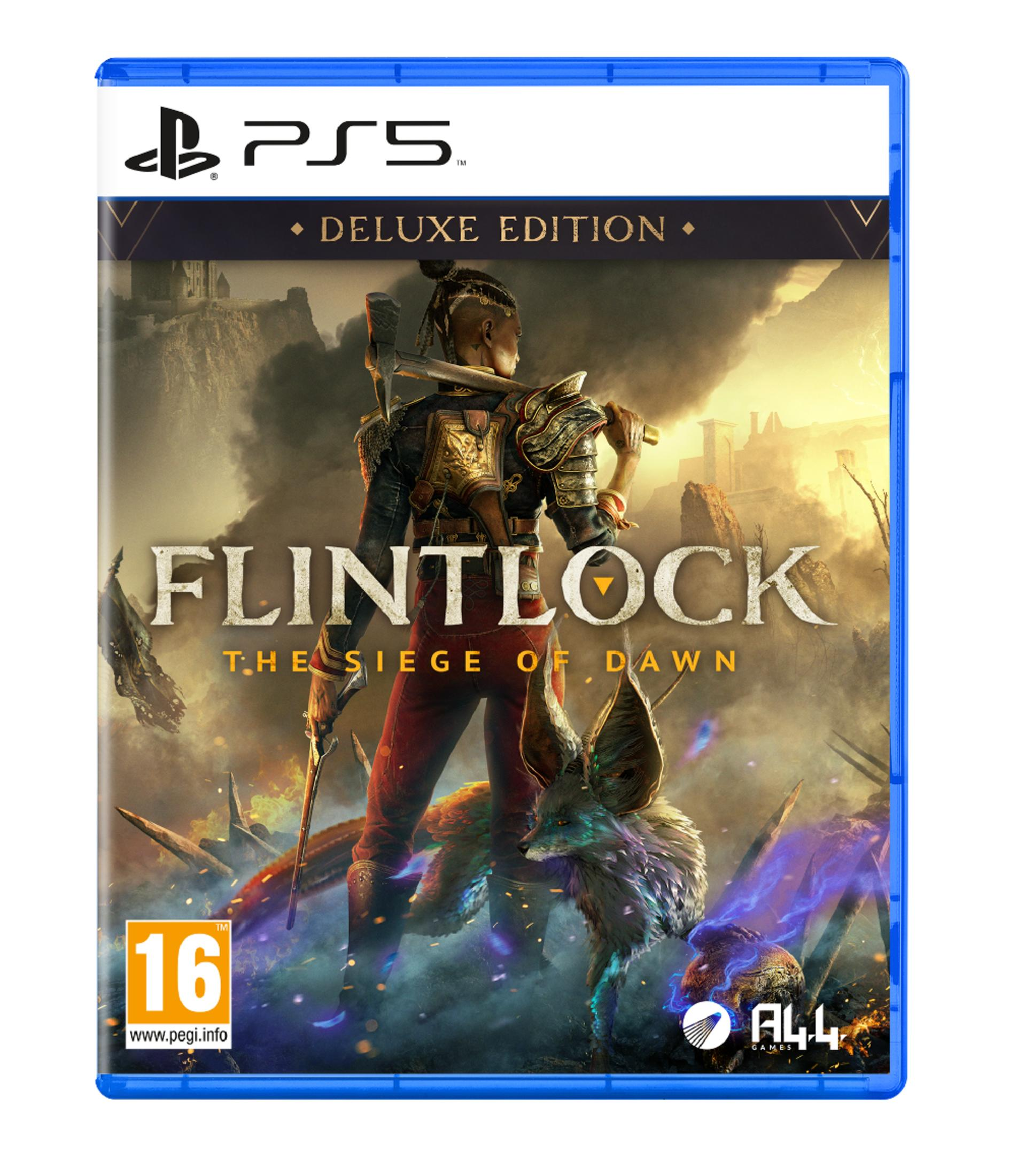 Funda PS5 Flintlock Deluxe Edition con guerrera, zorro y ruinas de castillo.