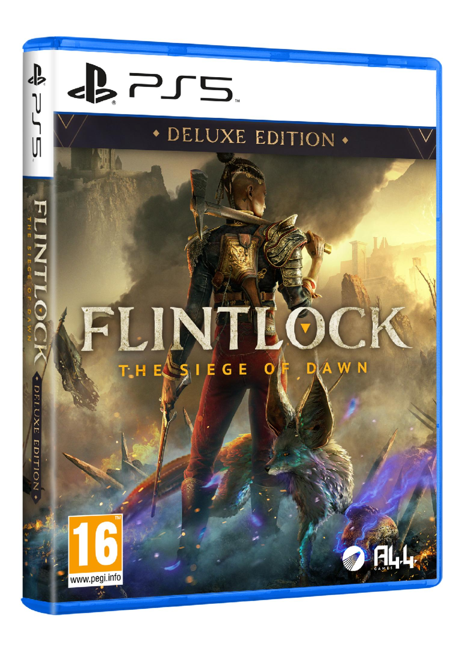 Arte de portada del juego Flintlock Deluxe Edition PS5, con guerrero y criatura zorrina.