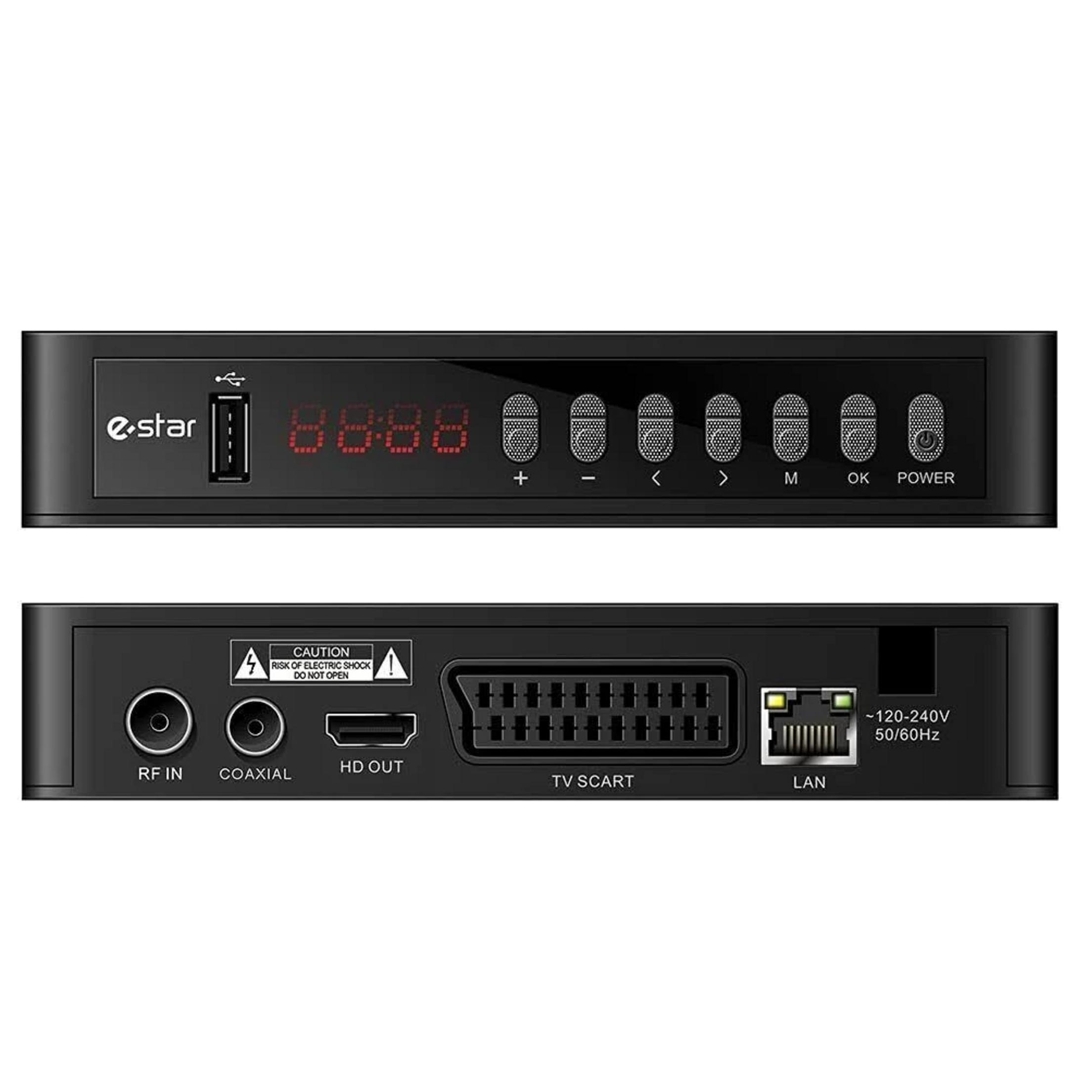 Una caja de TV digital negra con conexiones USB, HDMI, SCART, LAN, RF y Coaxial.