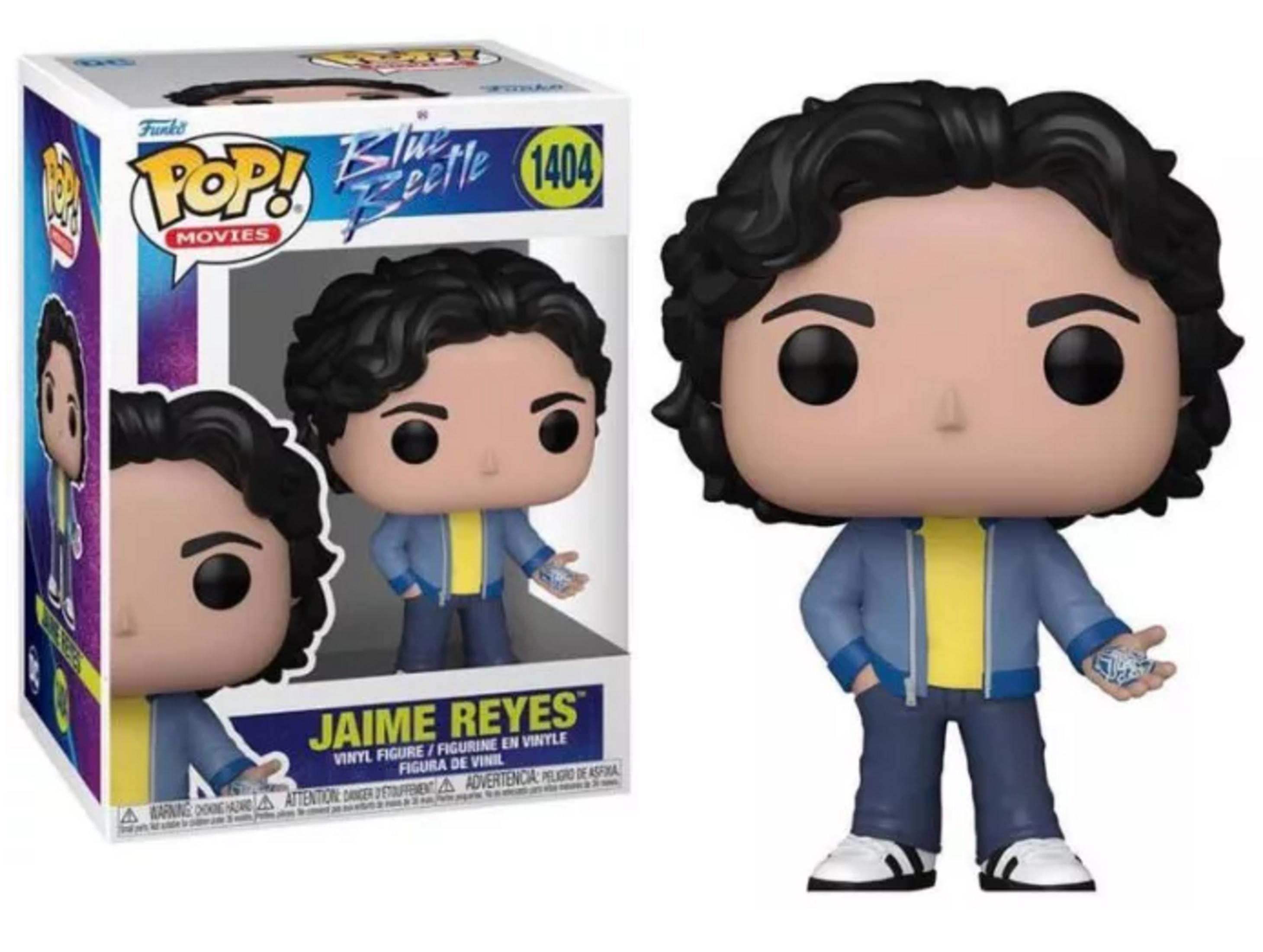 Figura Funko Pop! Blue Beetle de Jaime Reyes en caja. Viste camiseta amarilla y chaqueta azul.