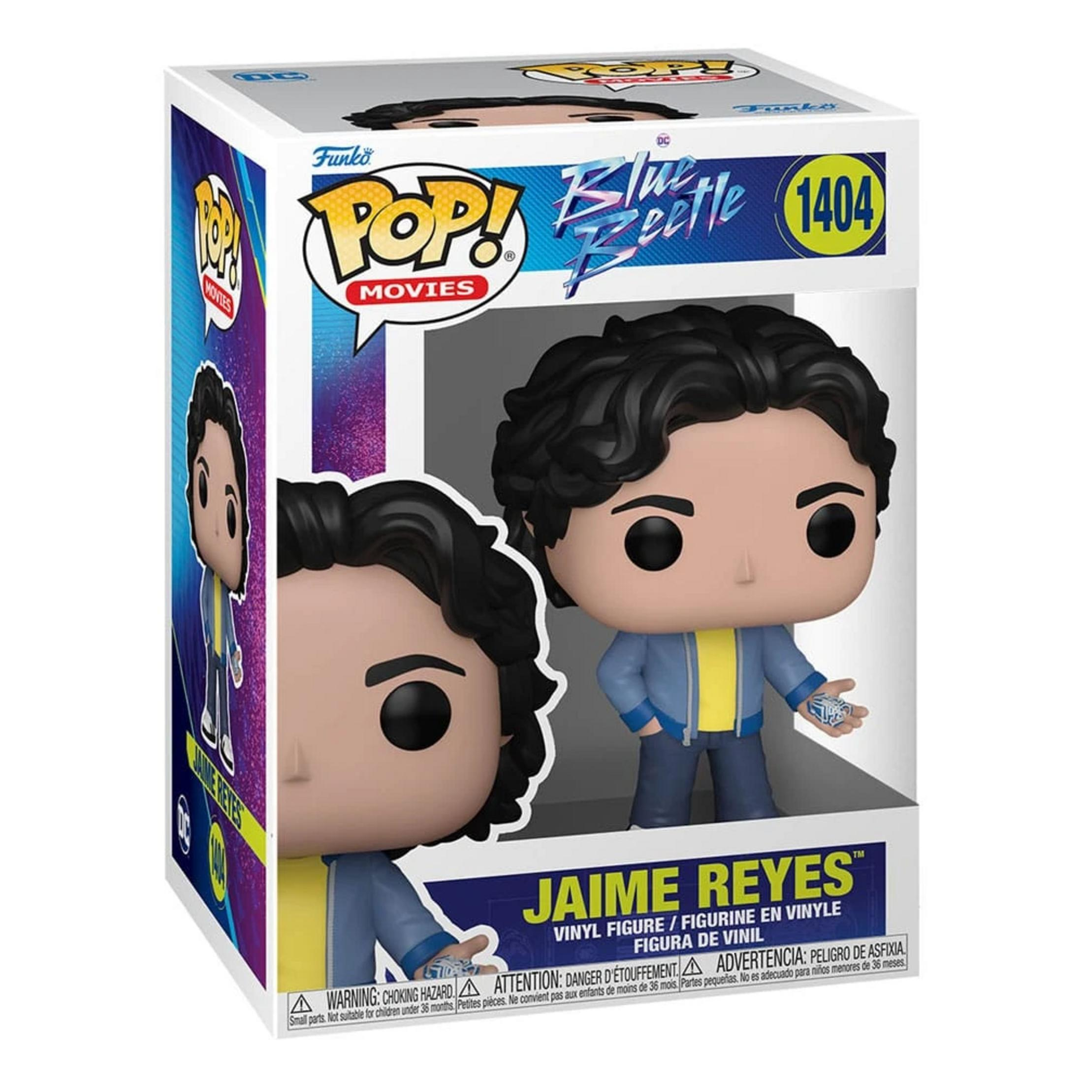 Figura Funko Pop! de Jaime Reyes de Blue Beetle sosteniendo un pequeño objeto azul.