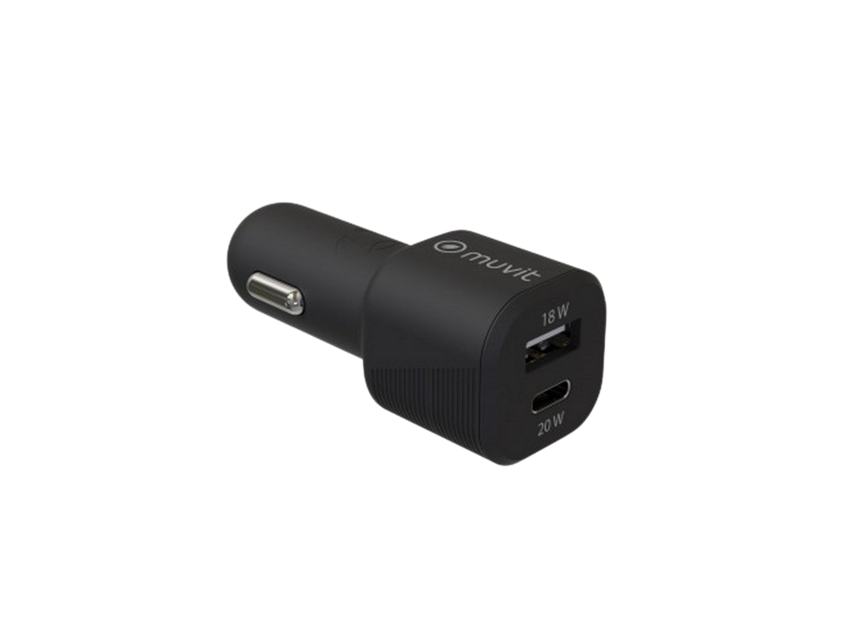 Cargador de coche negro con puertos USB-A y USB-C.