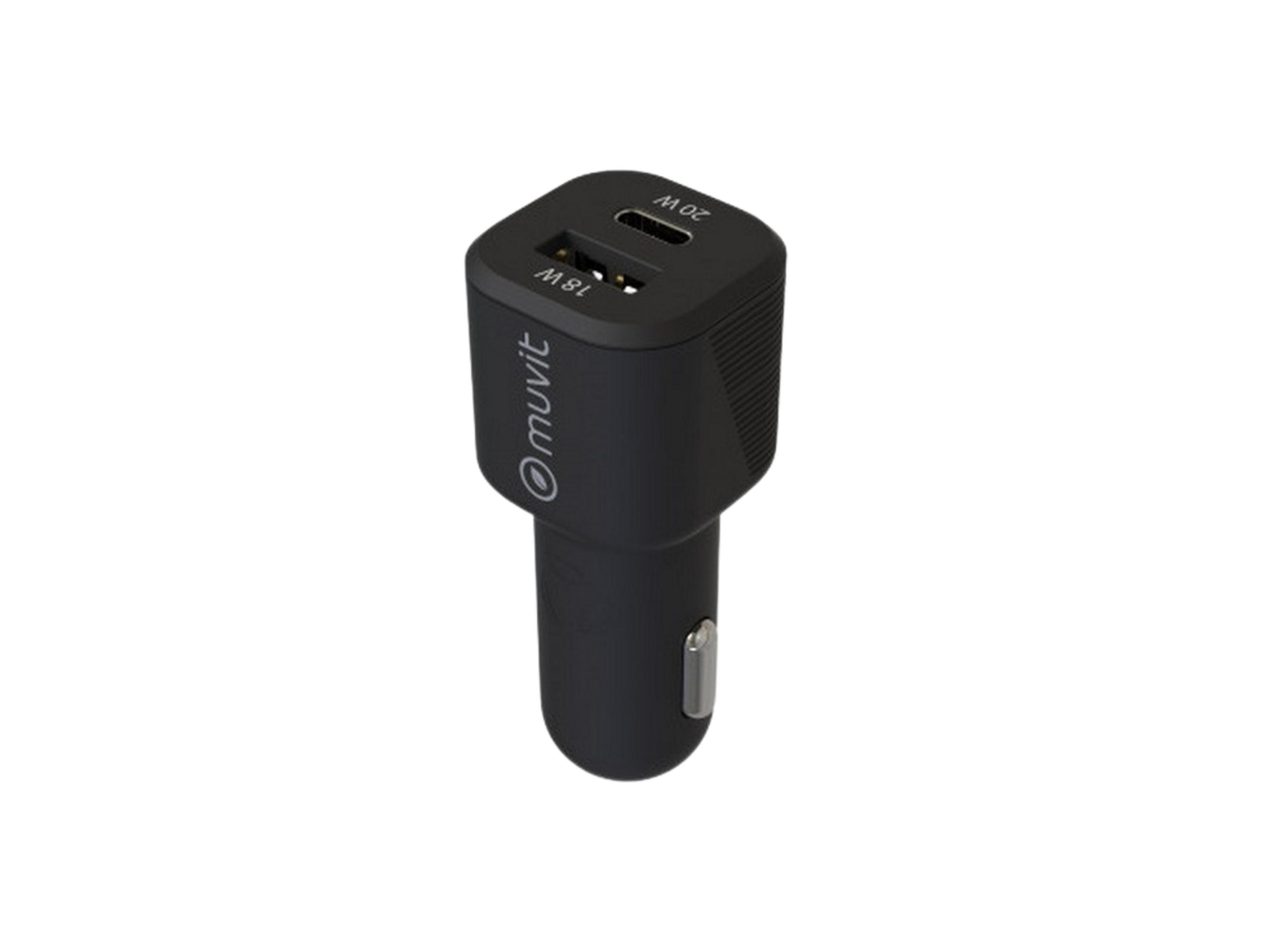 Cargador de coche negro con dos puertos USB, 18W y 20W.