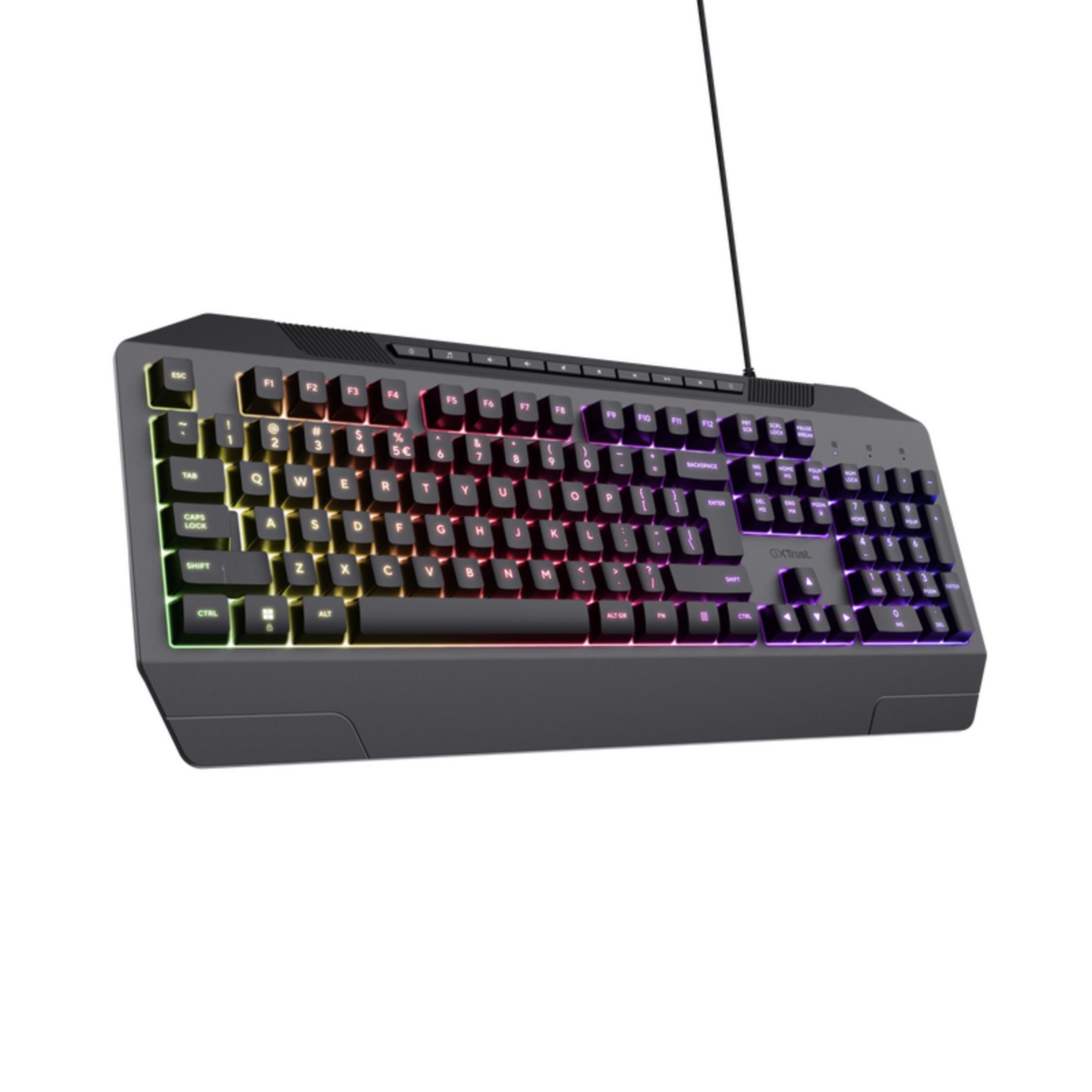 Una tastiera nera con illuminazione RGB su sfondo bianco.