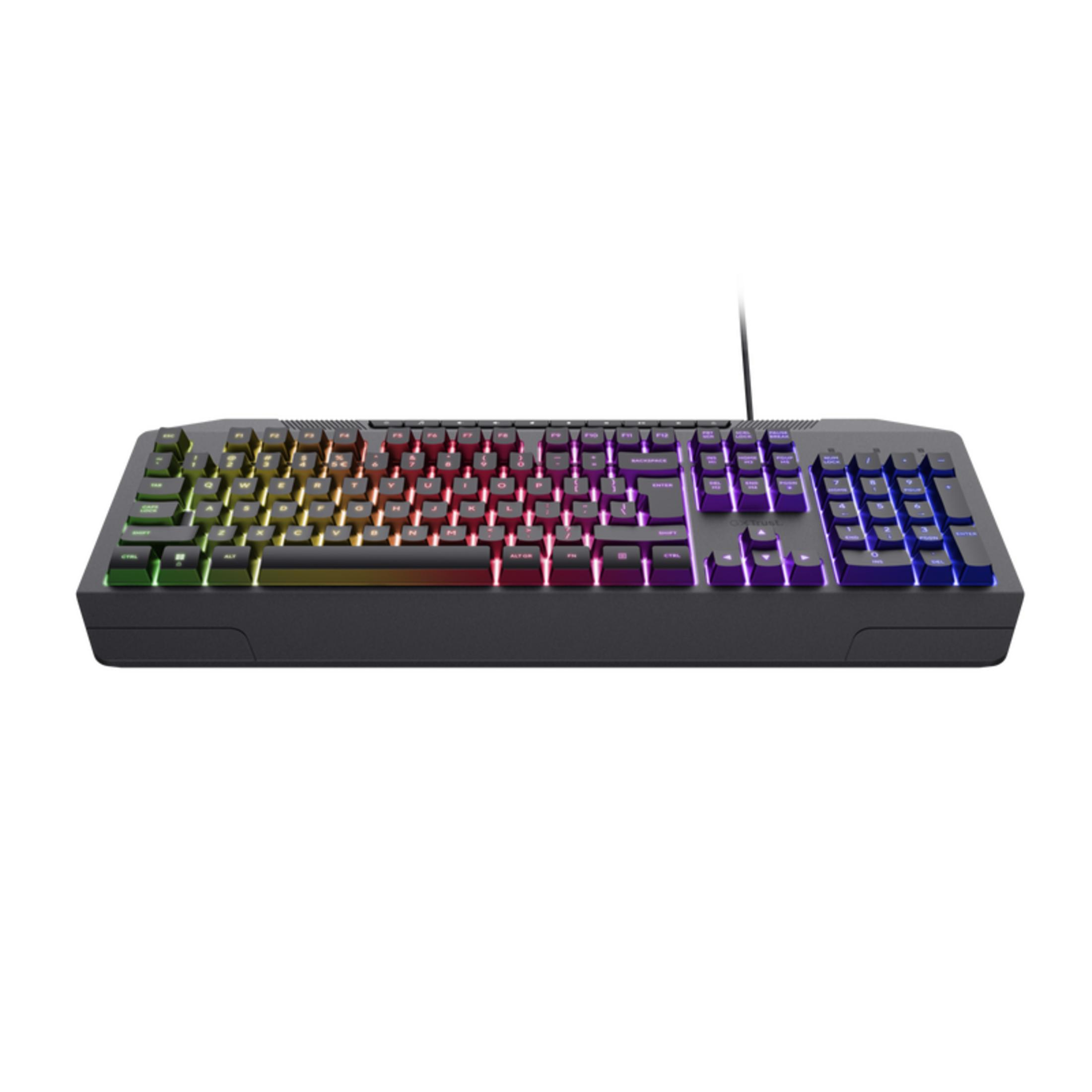 Una tastiera nera con tasti RGB colorati, su sfondo bianco.