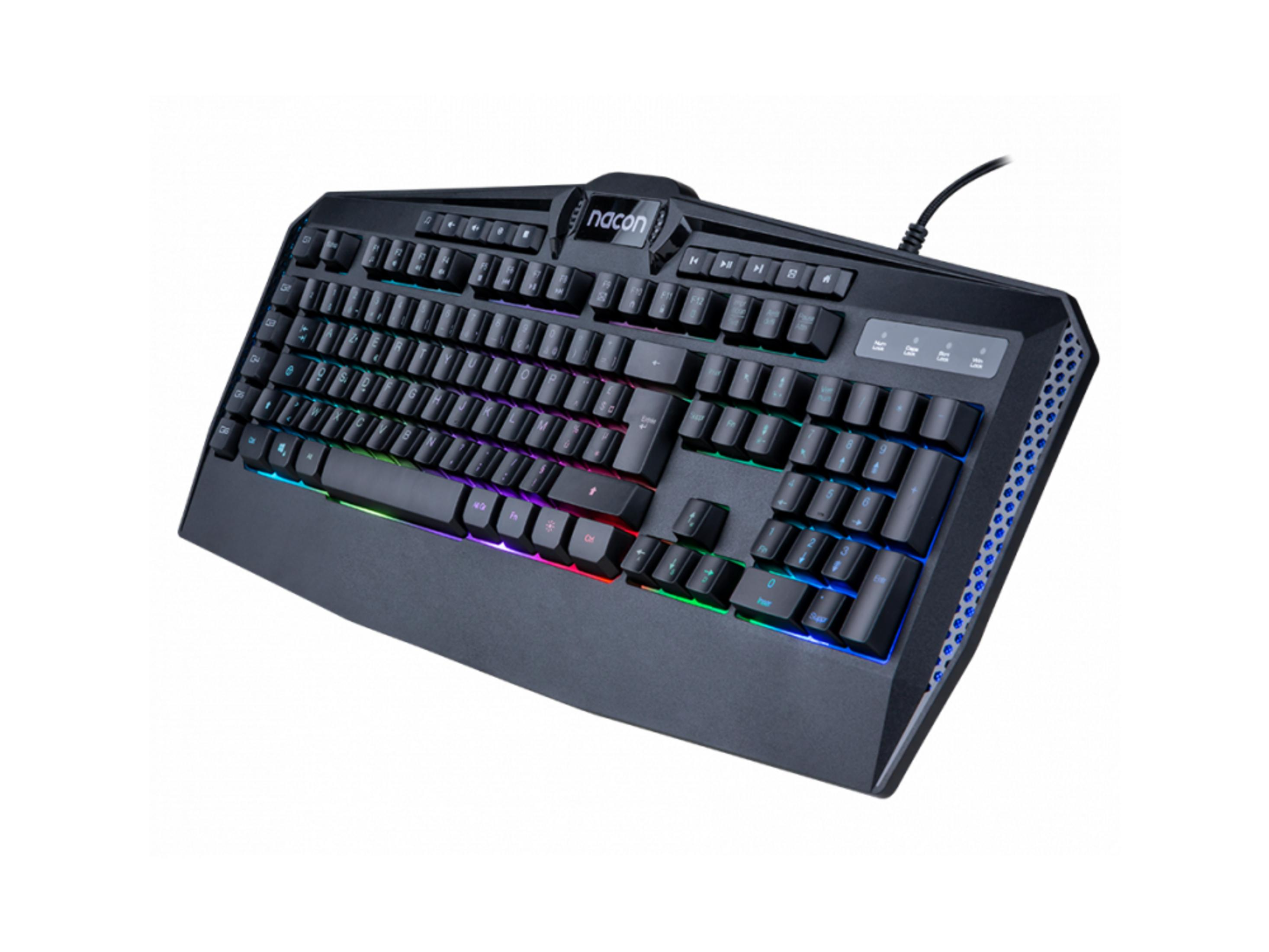 Teclado negro con retroiluminación RGB y logo de Nacon.