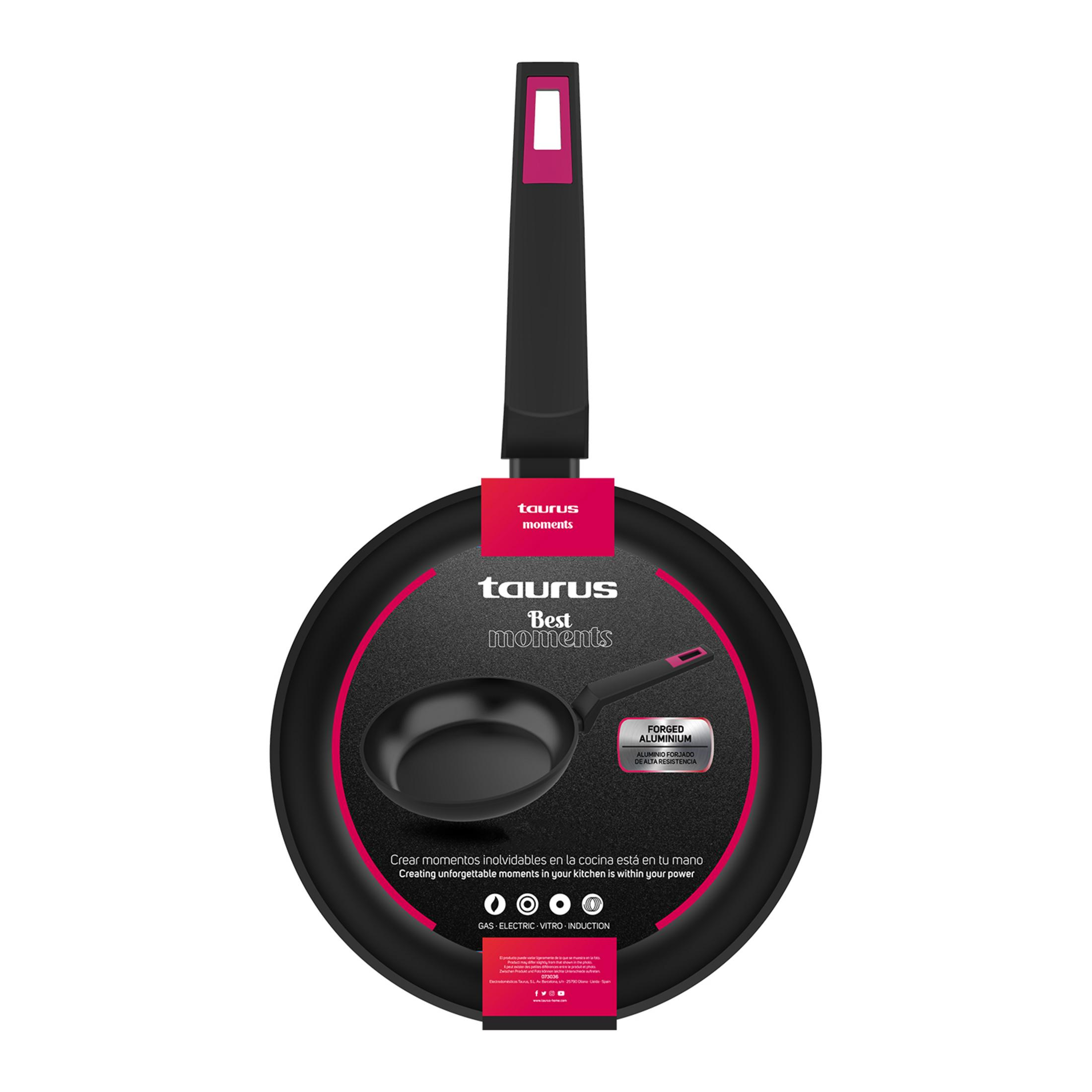 Sartén negra Taurus con detalles y texto en rosa. Para gas, vitrocerámica e inducción.