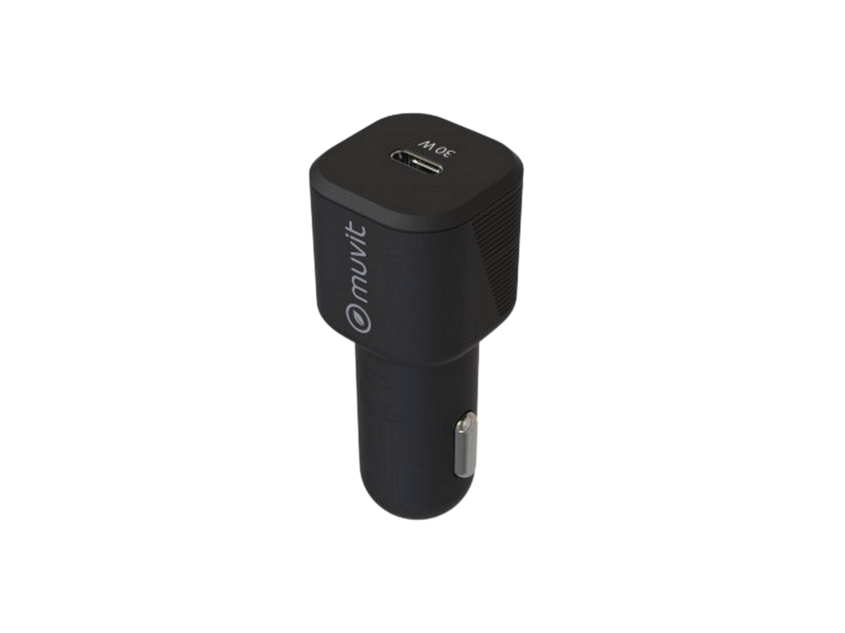 Adaptador USB de coche negro con logo y puerto USB-C, 30W.