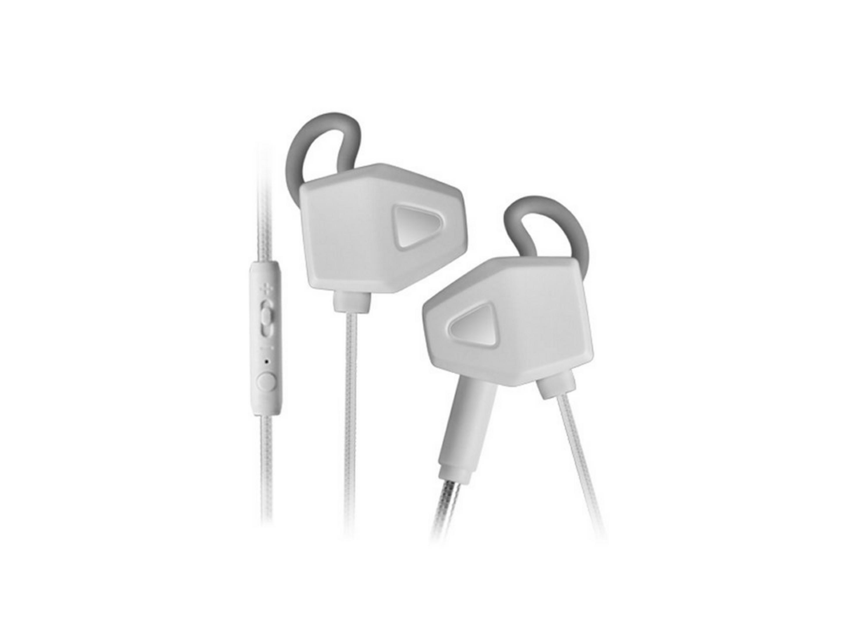 White in-ear headphones with gray ear hooks and in-line remote.