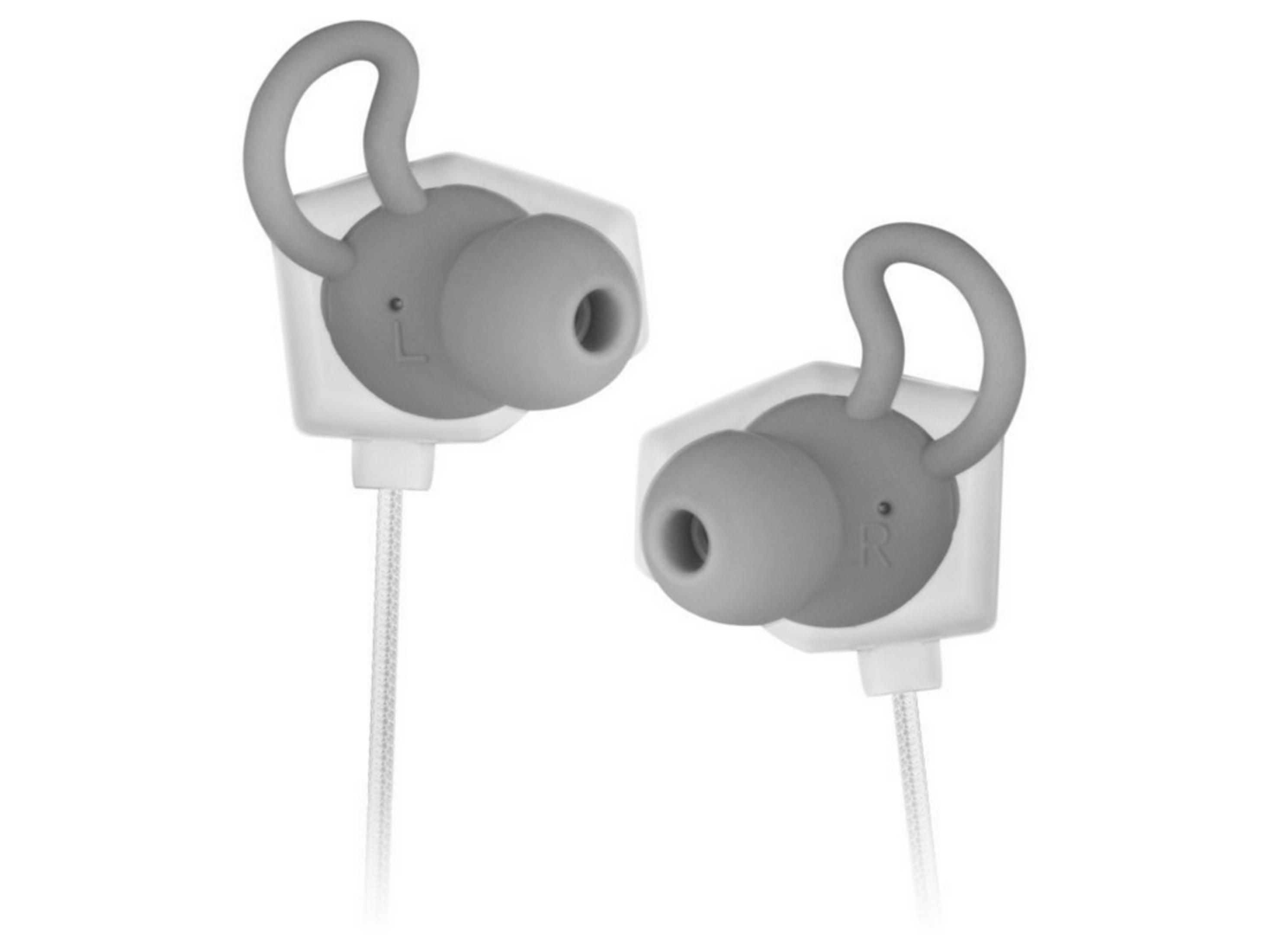 Two gray earbuds with loops, on a white background.