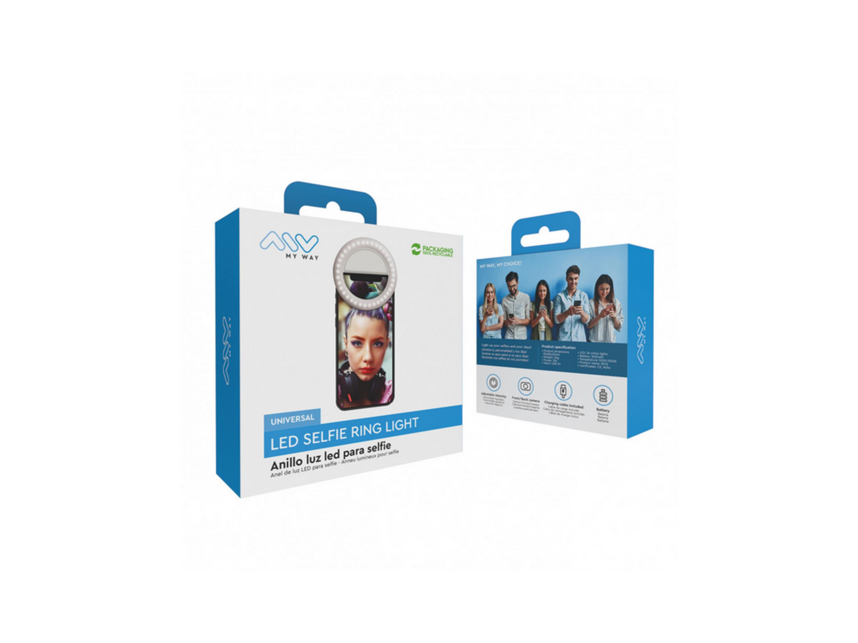 Embalaje con luz de anillo LED para selfies y características del producto.