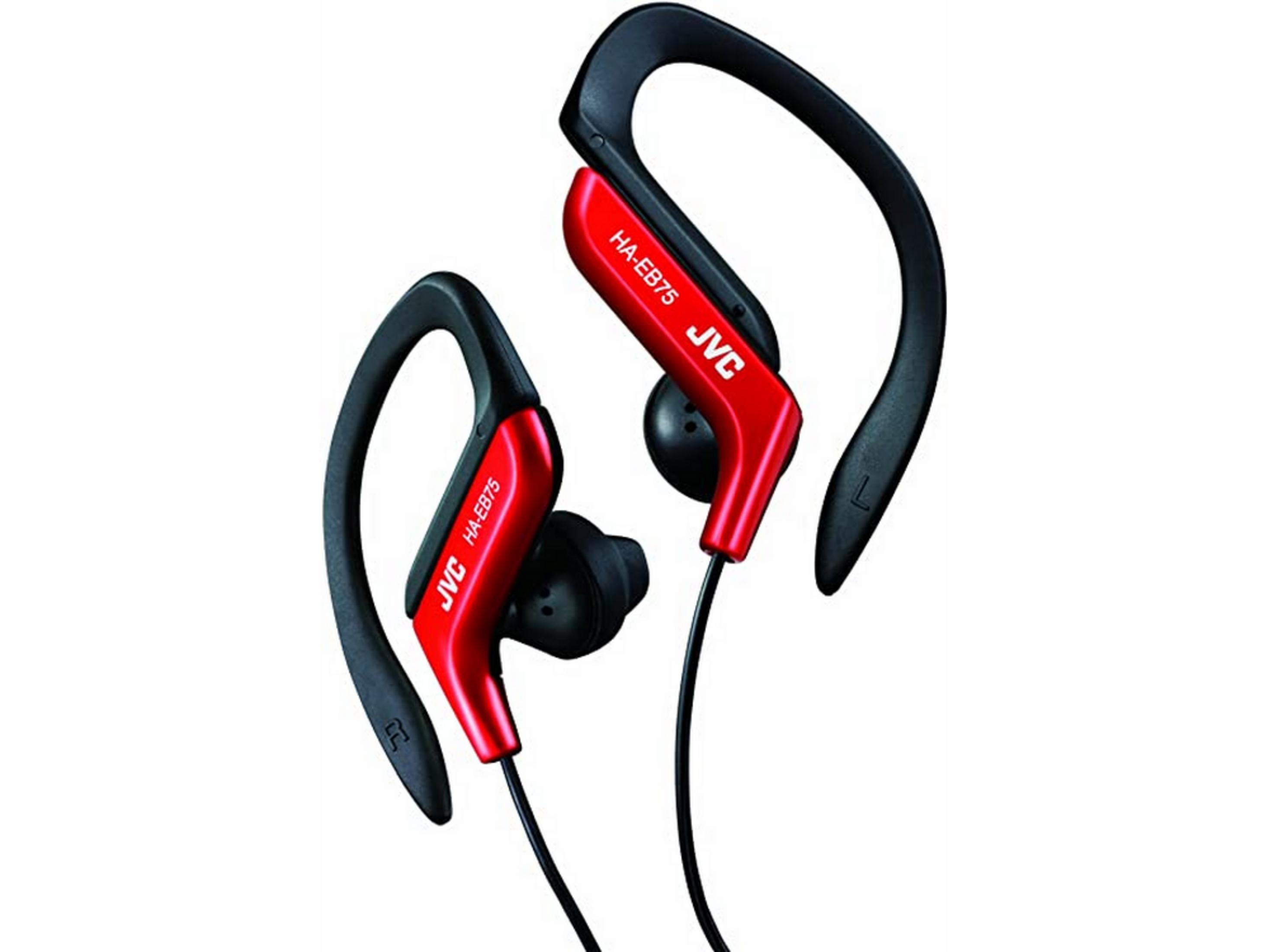 Auricolari JVC rossi con ganci neri e cavo.