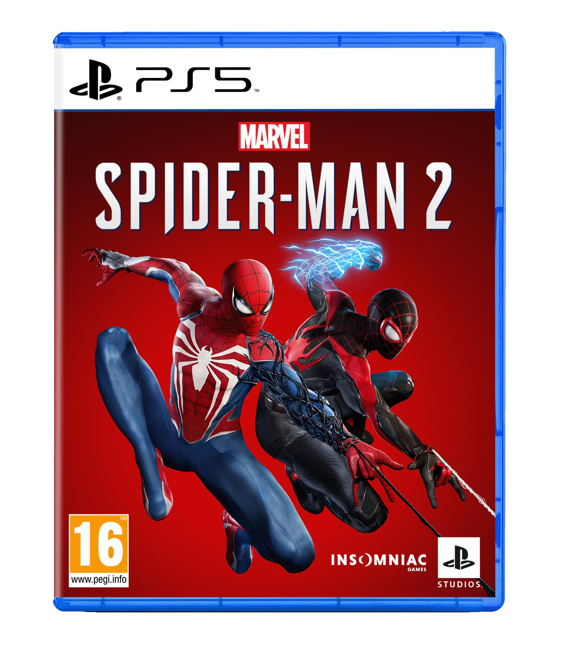 Copertina gioco PS5: Spider-Man 2 con Spider-Man e Miles Morales su sfondo rosso.