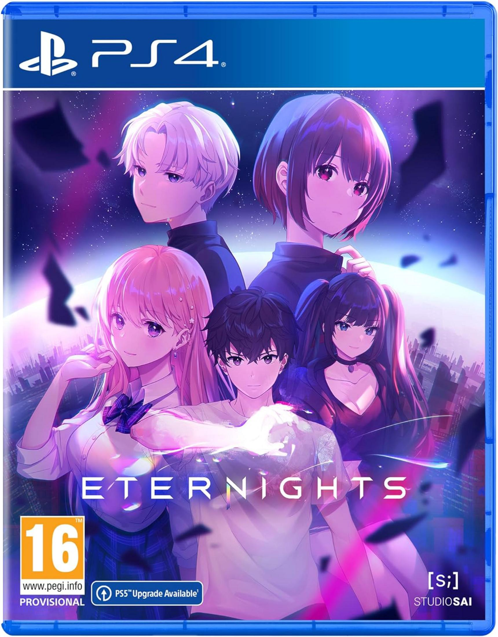 Cinque personaggi anime compaiono sulla copertina del gioco Eternights per PS4. Uno skyline cittadino sullo sfondo.