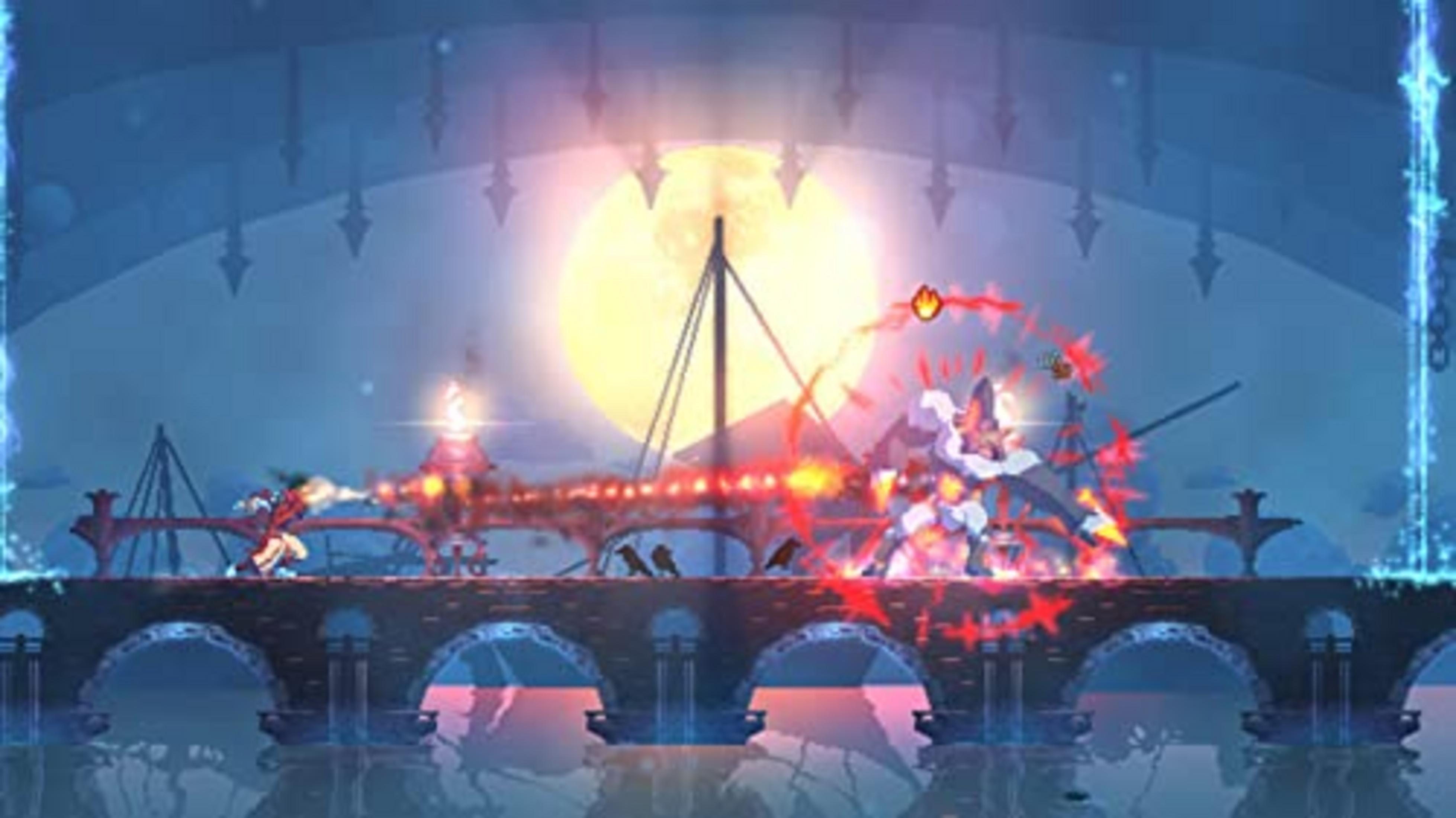 Due personaggi combattono su un ponte sotto una grande luna. Si vedono fulmini di energia rossa e fuoco.
