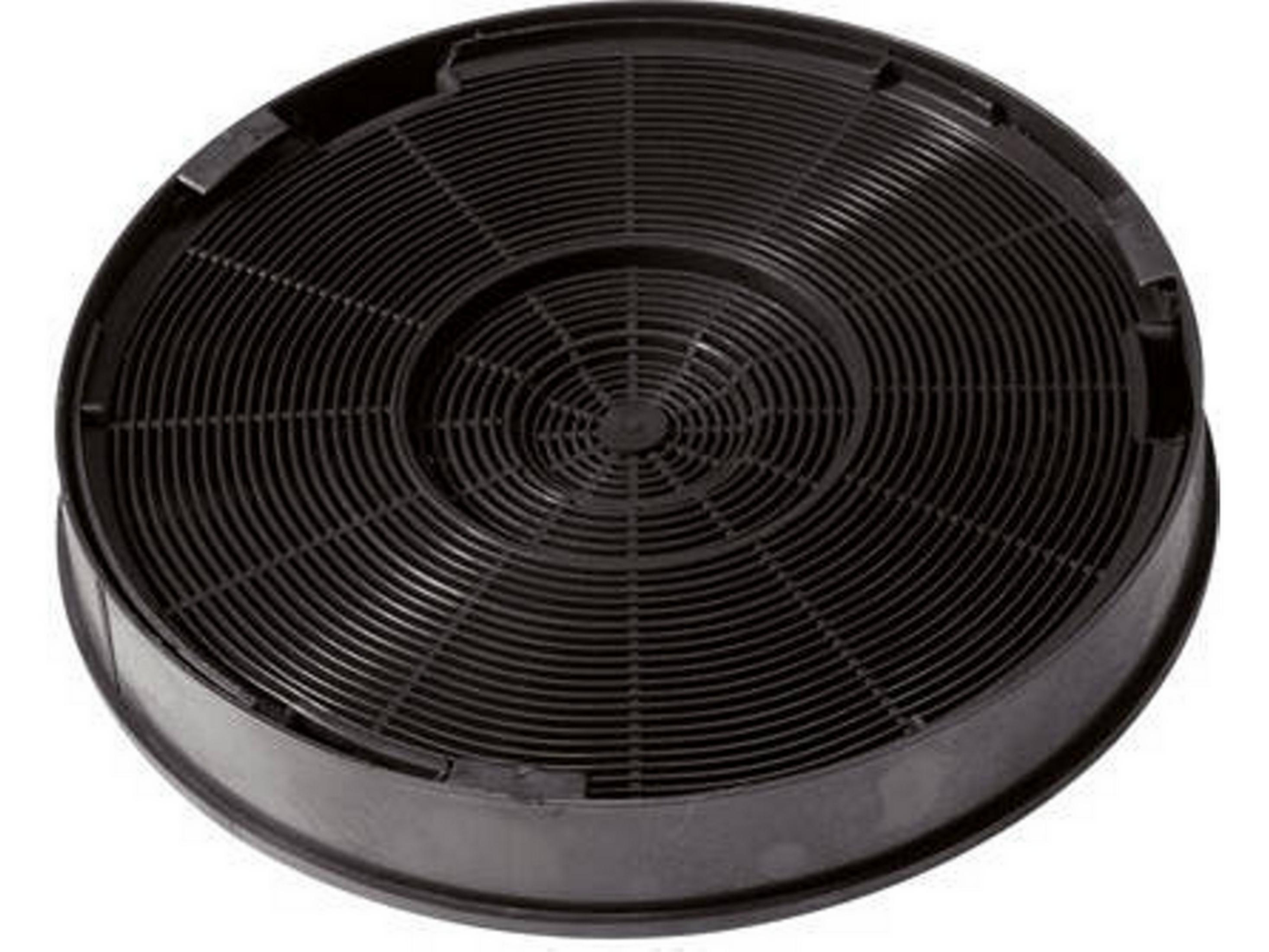 Un filtro rotondo a carbone attivo nero per cappa aspirante.