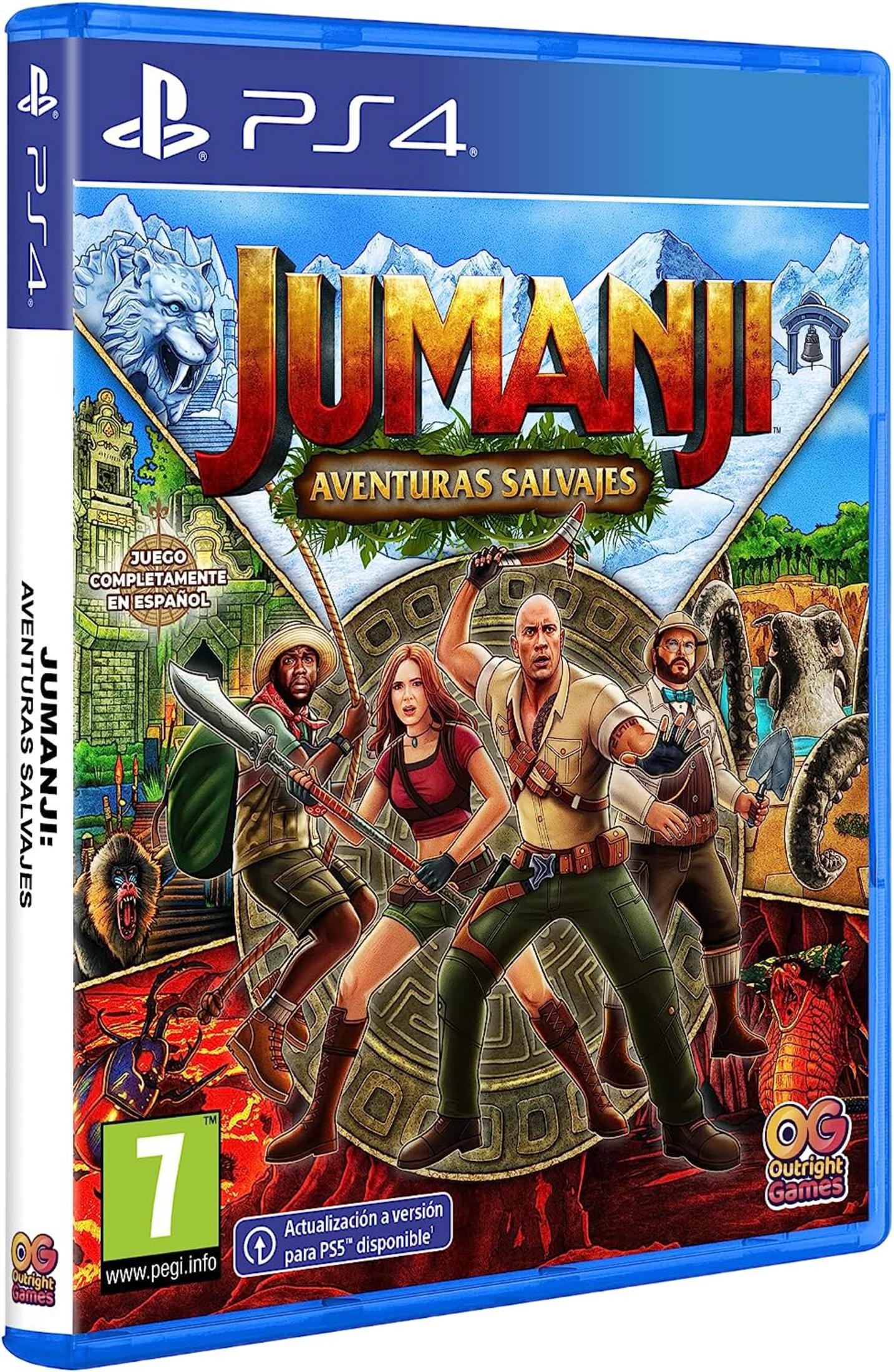 Portada del juego Jumanji: Aventuras Salvajes PS4 con cuatro personajes, escena de jungla y logo.