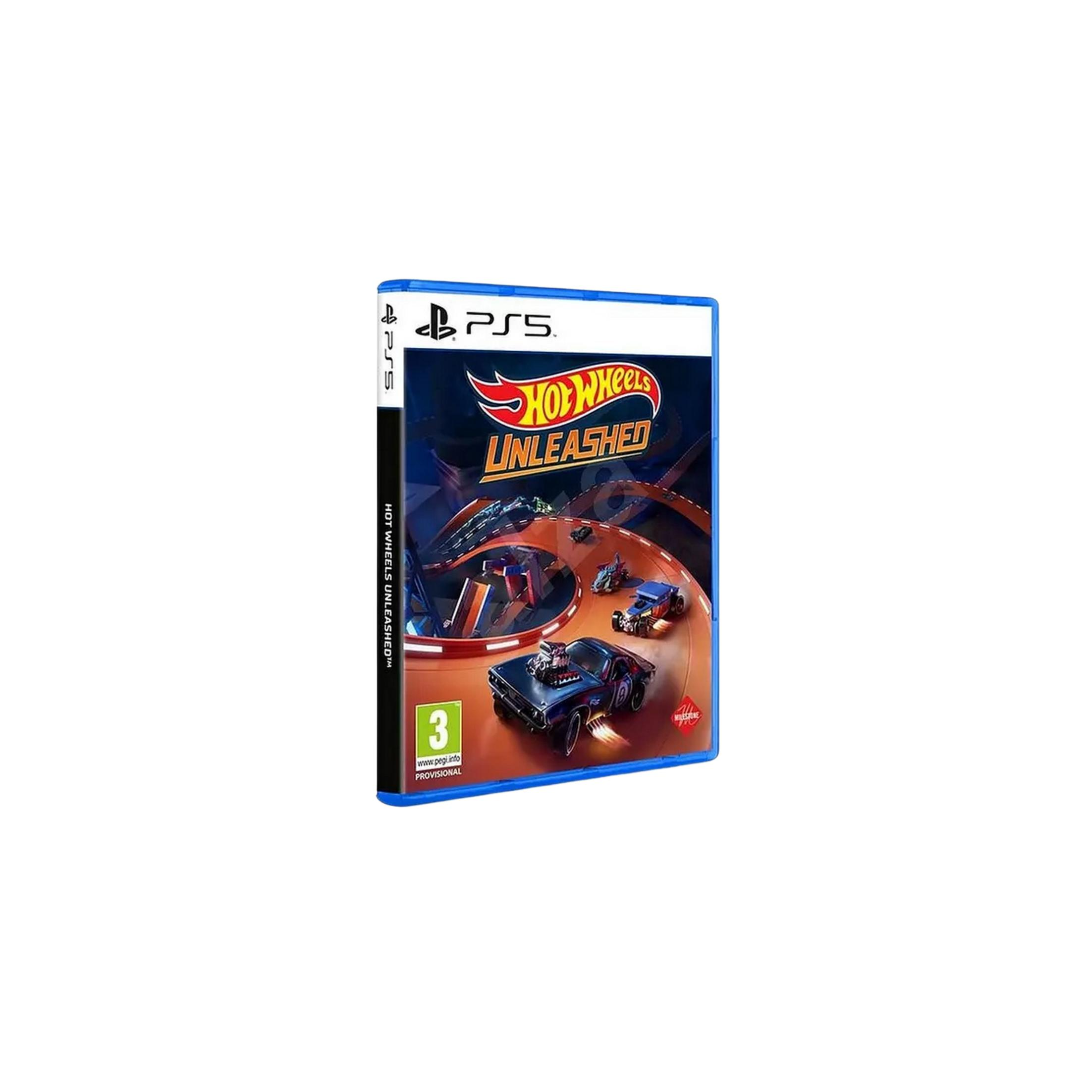 Custodia del gioco Hot Wheels Unleashed PS5 con auto da corsa su una pista.