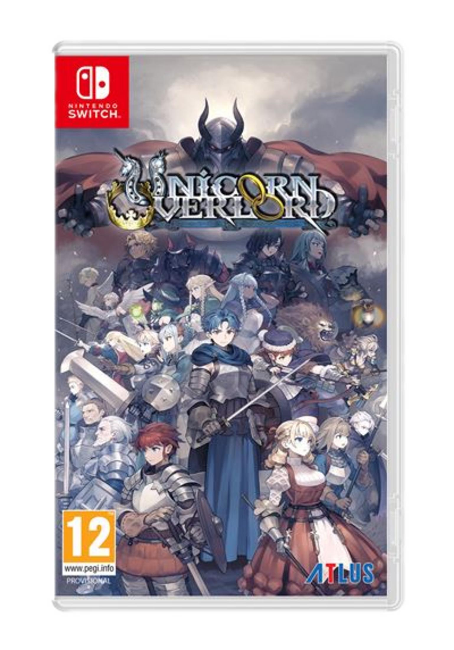 Portada de juego de Nintendo Switch con muchos guerreros de fantasía, un gran caballero y el título Unicorn Overlord.