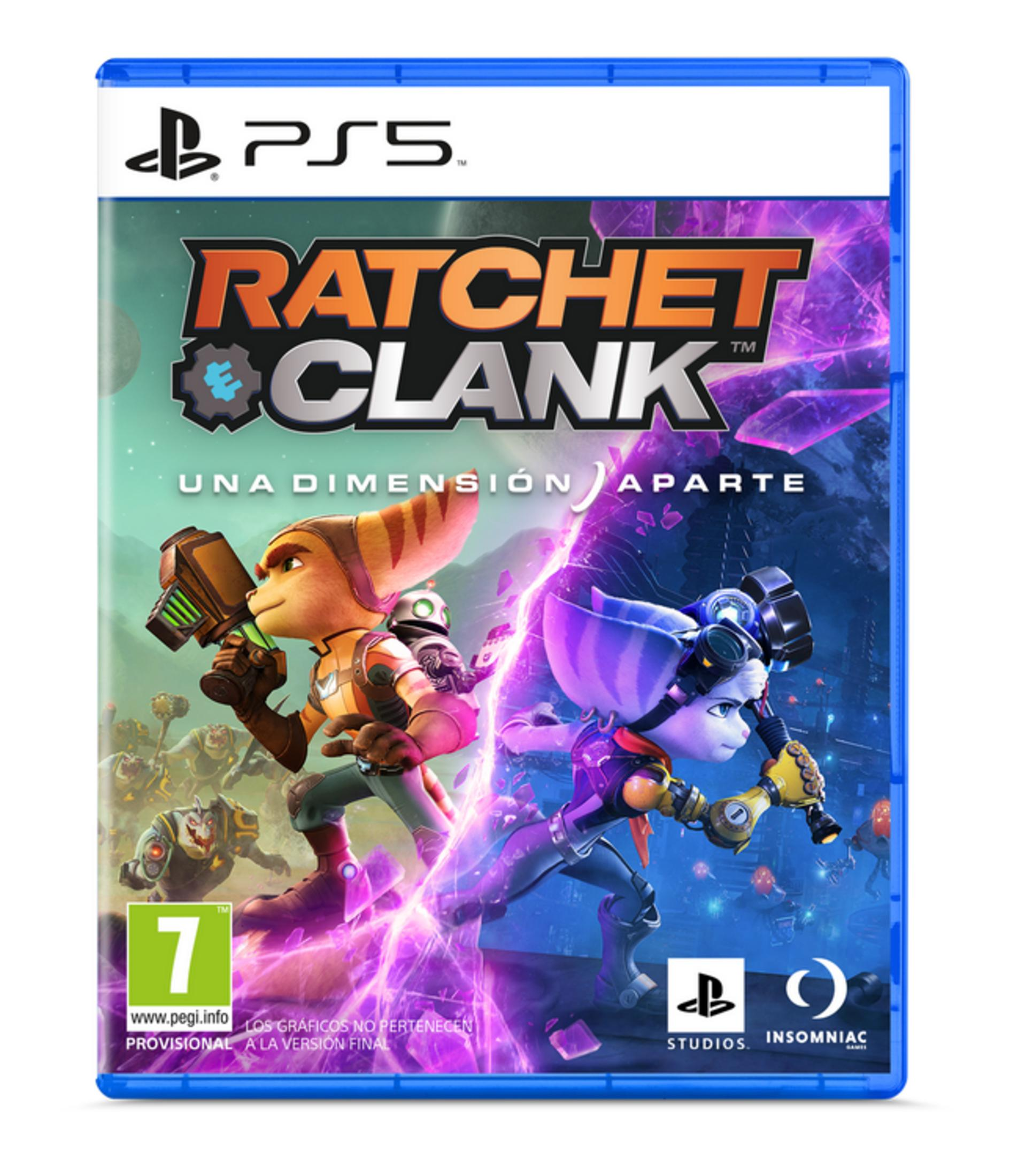 Portada del juego Ratchet & Clank PS5 con personajes armados en medio de energía púrpura.