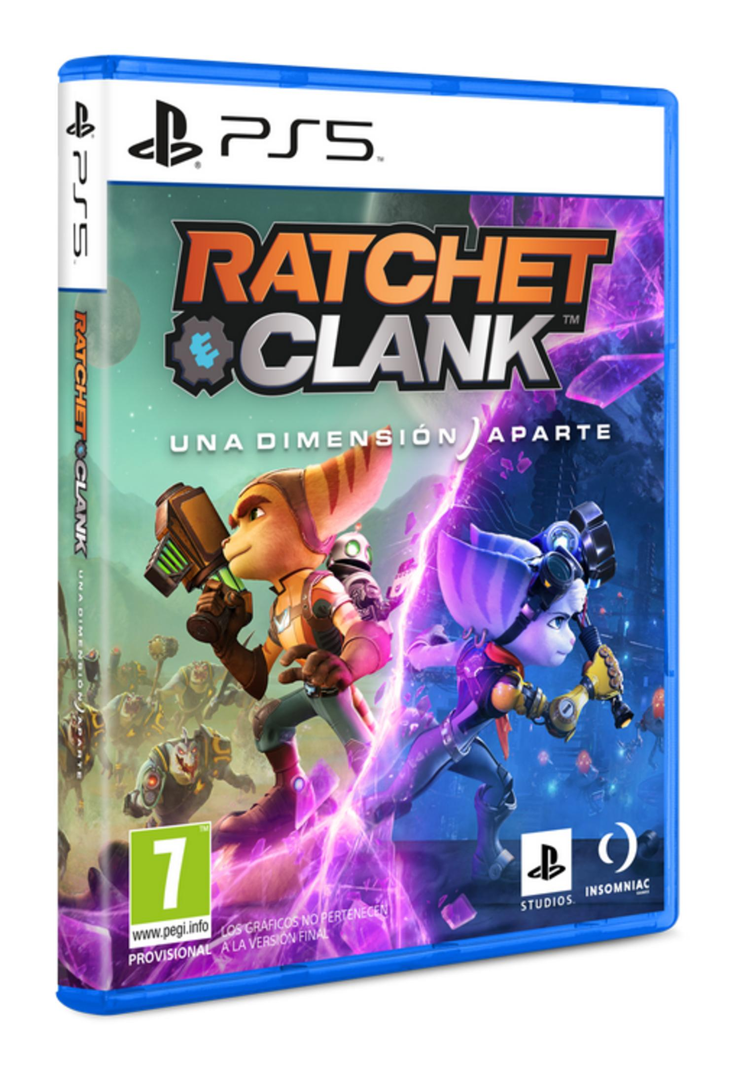 Funda PS5 Ratchet & Clank: Rift Apart con personajes y energía púrpura.