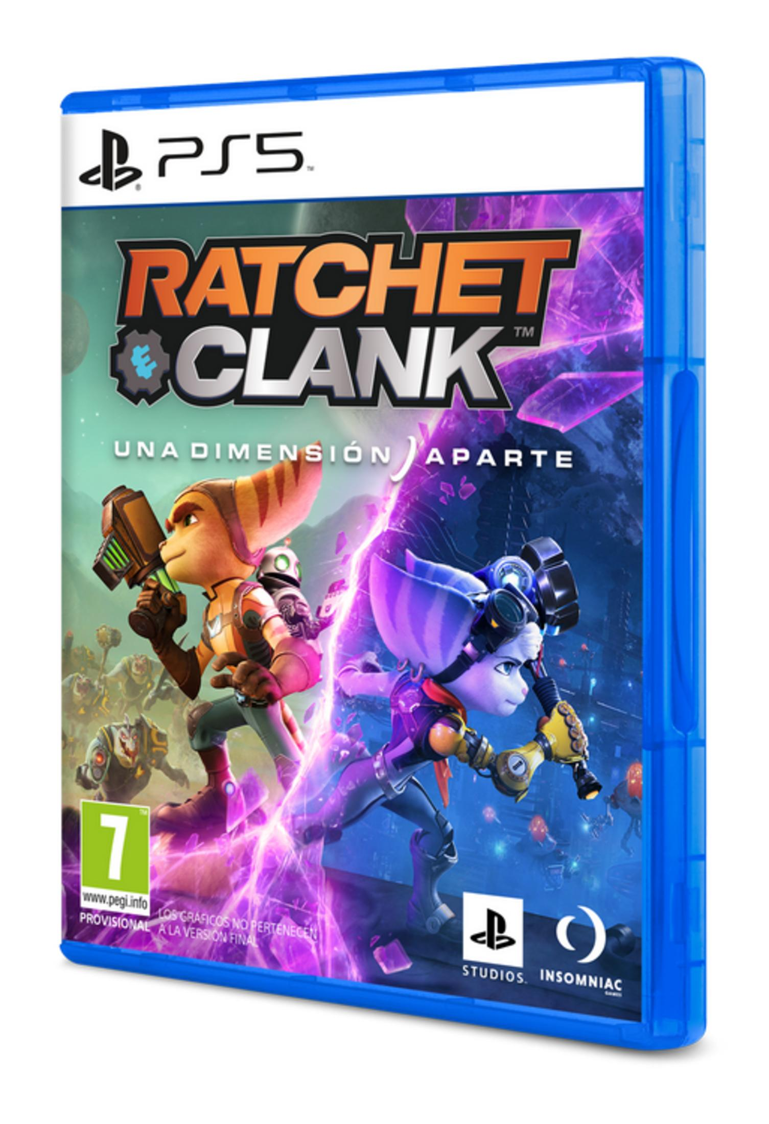 Portada del juego PS5: Ratchet & Clank con personajes y efectos de energía púrpura.