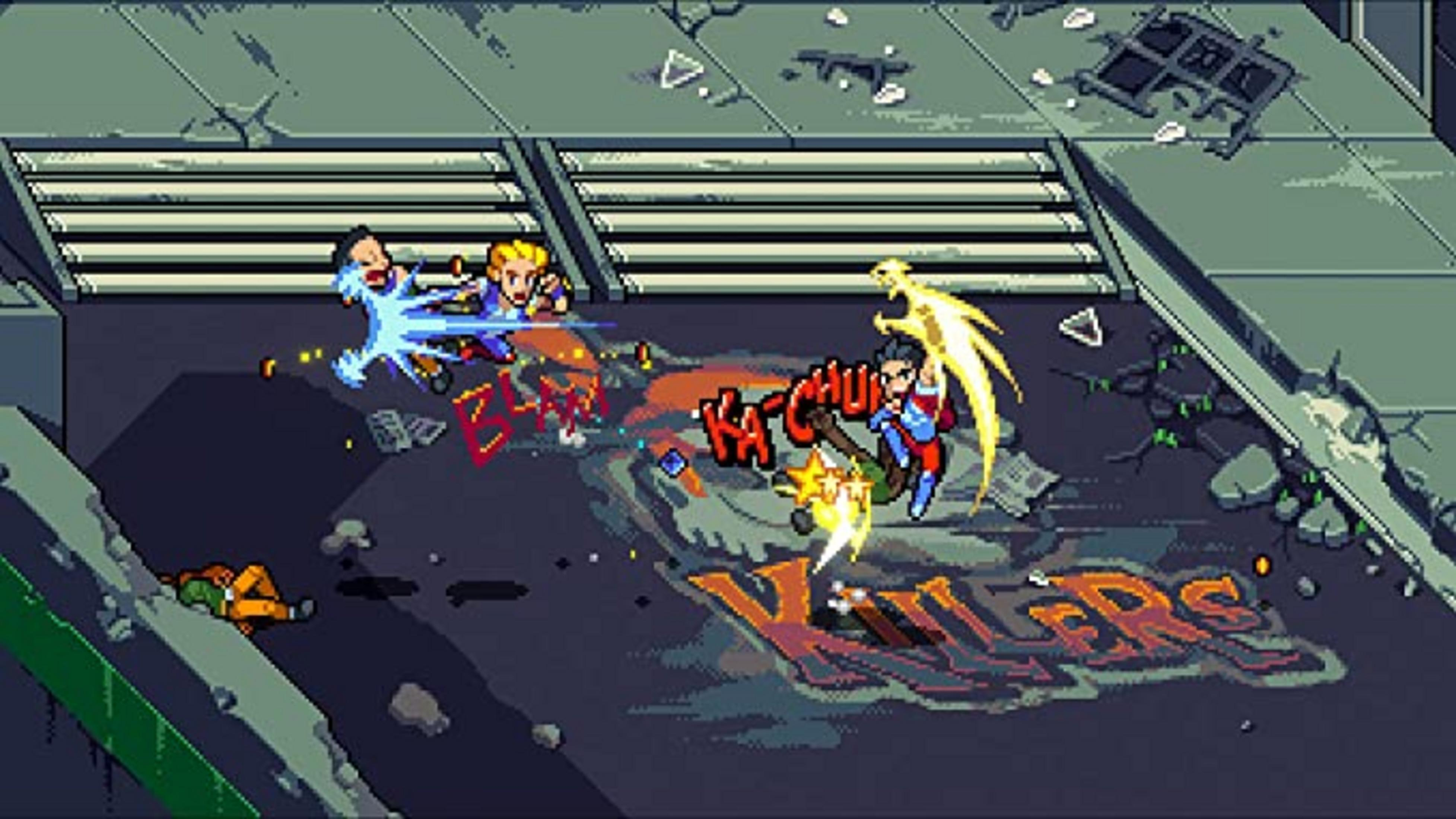 Escena de lucha pixel art con personajes usando ataques especiales. Una figura caída yace a la izquierda.