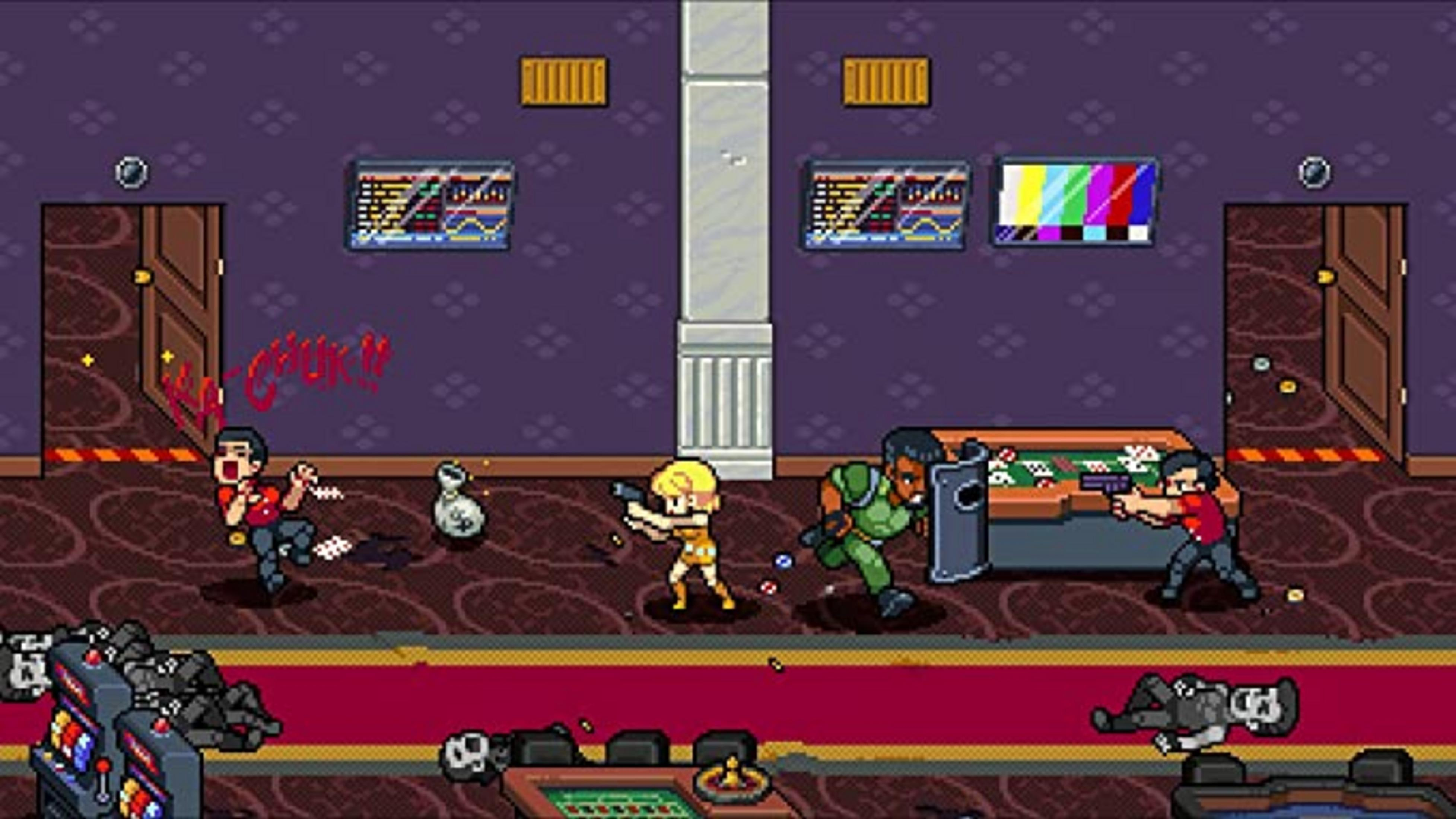 Batalla pixelada en casino: personajes disparan, un hombre en el suelo, máquinas tragamonedas.