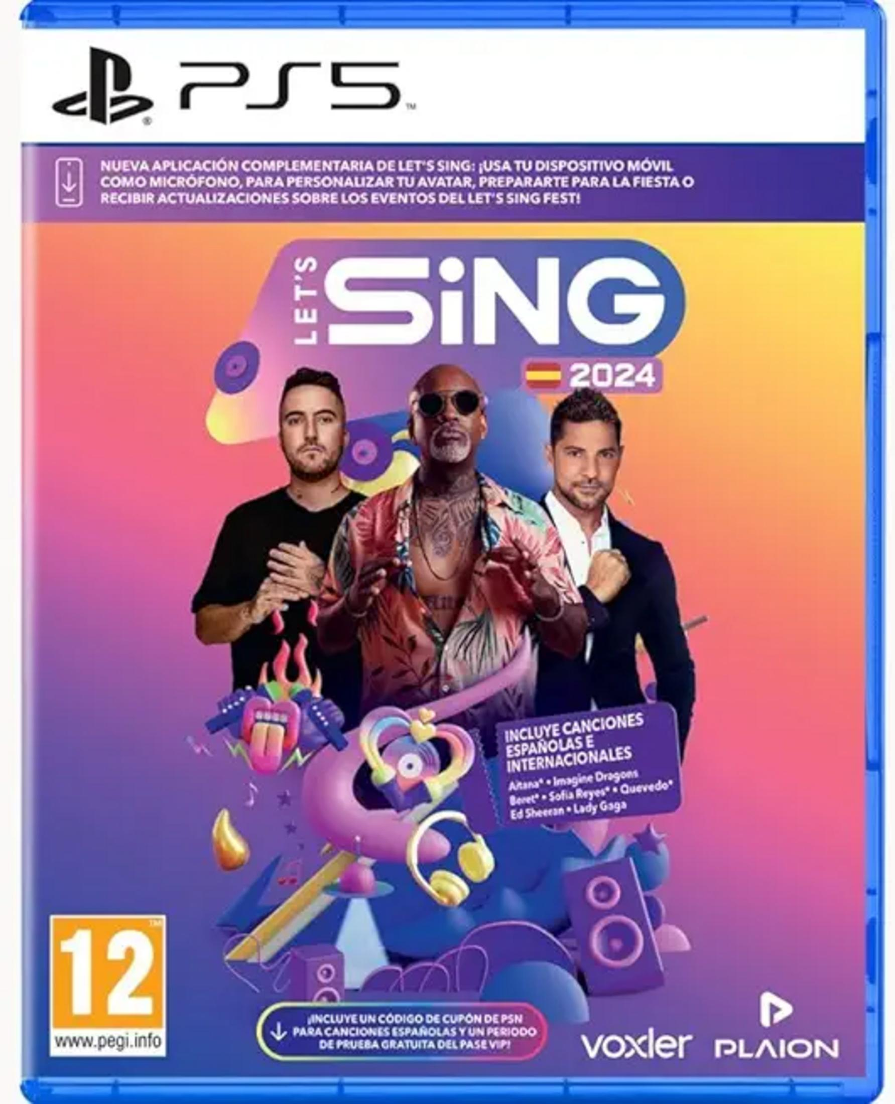 Portada del juego PS5 Let's Sing 2024 con tres cantantes y diseño vibrante.