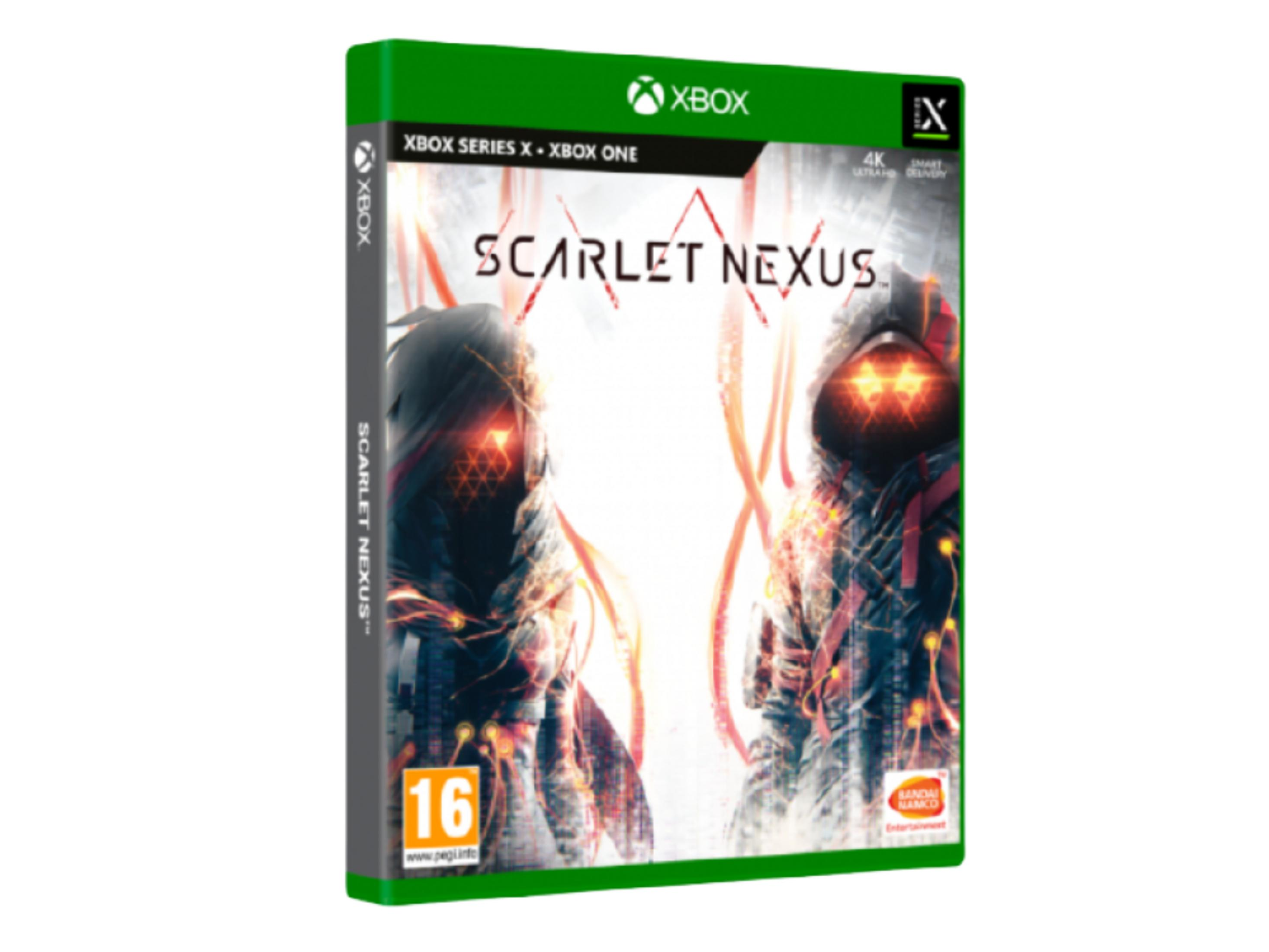 Custodia gioco Xbox 'Scarlet Nexus' con due figure dagli occhi luminosi.
