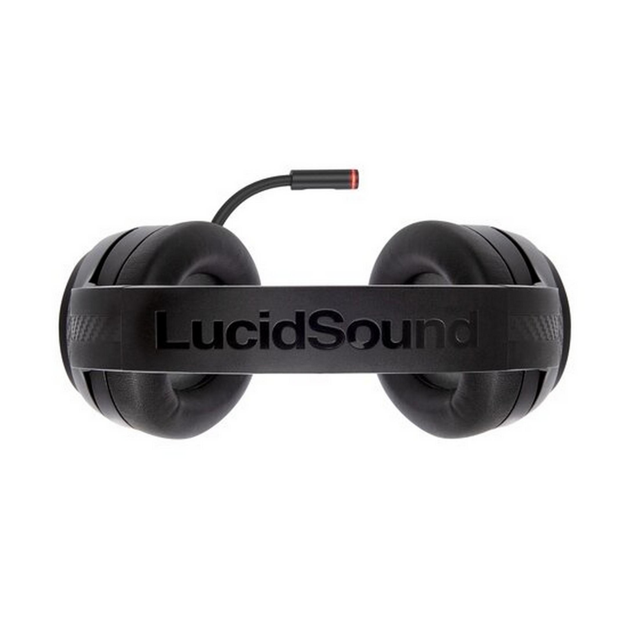 Cuffie nere LucidSound con microfono, vista dall'alto.