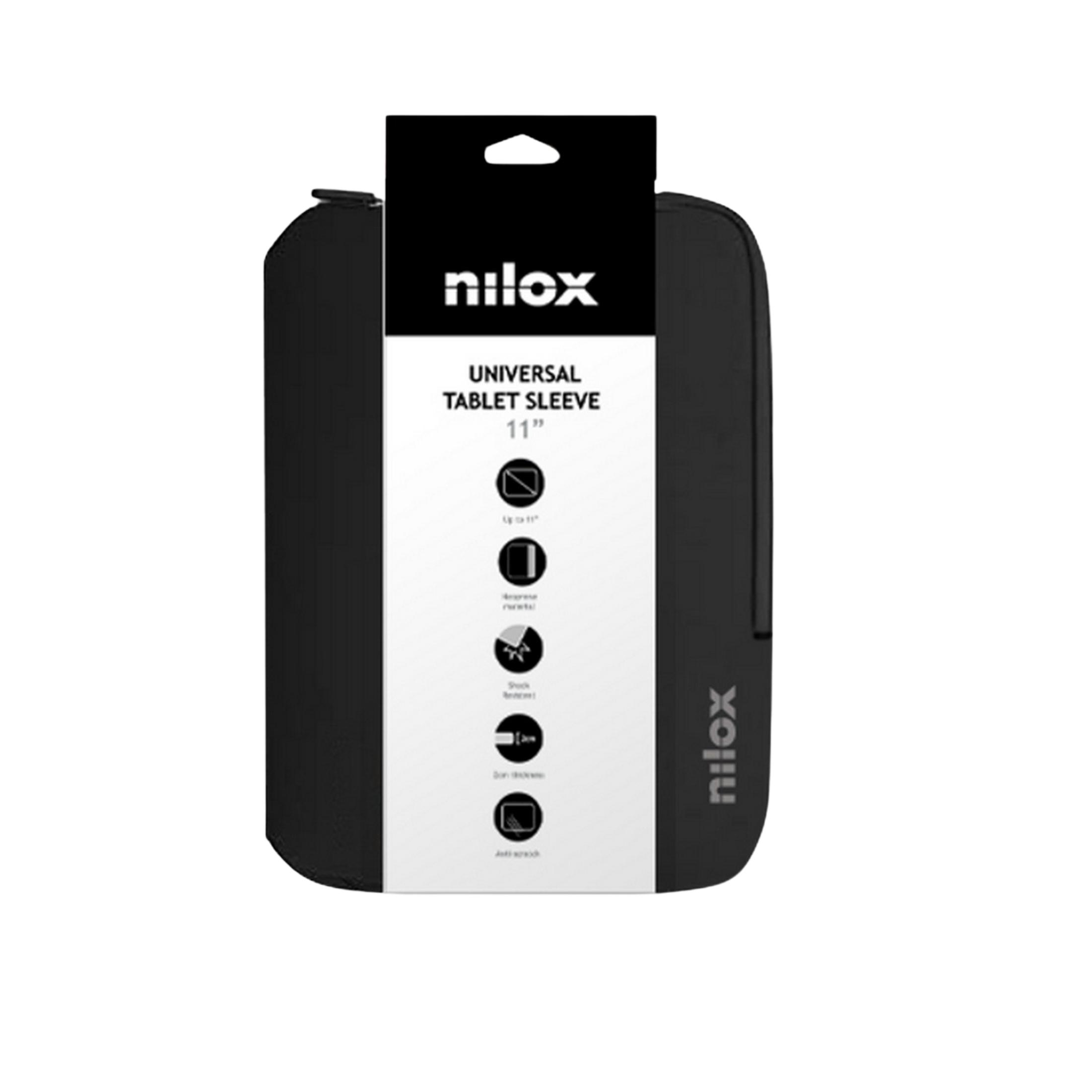 Una funda negra Nilox para tabletas de 11 pulgadas, con iconos de producto.