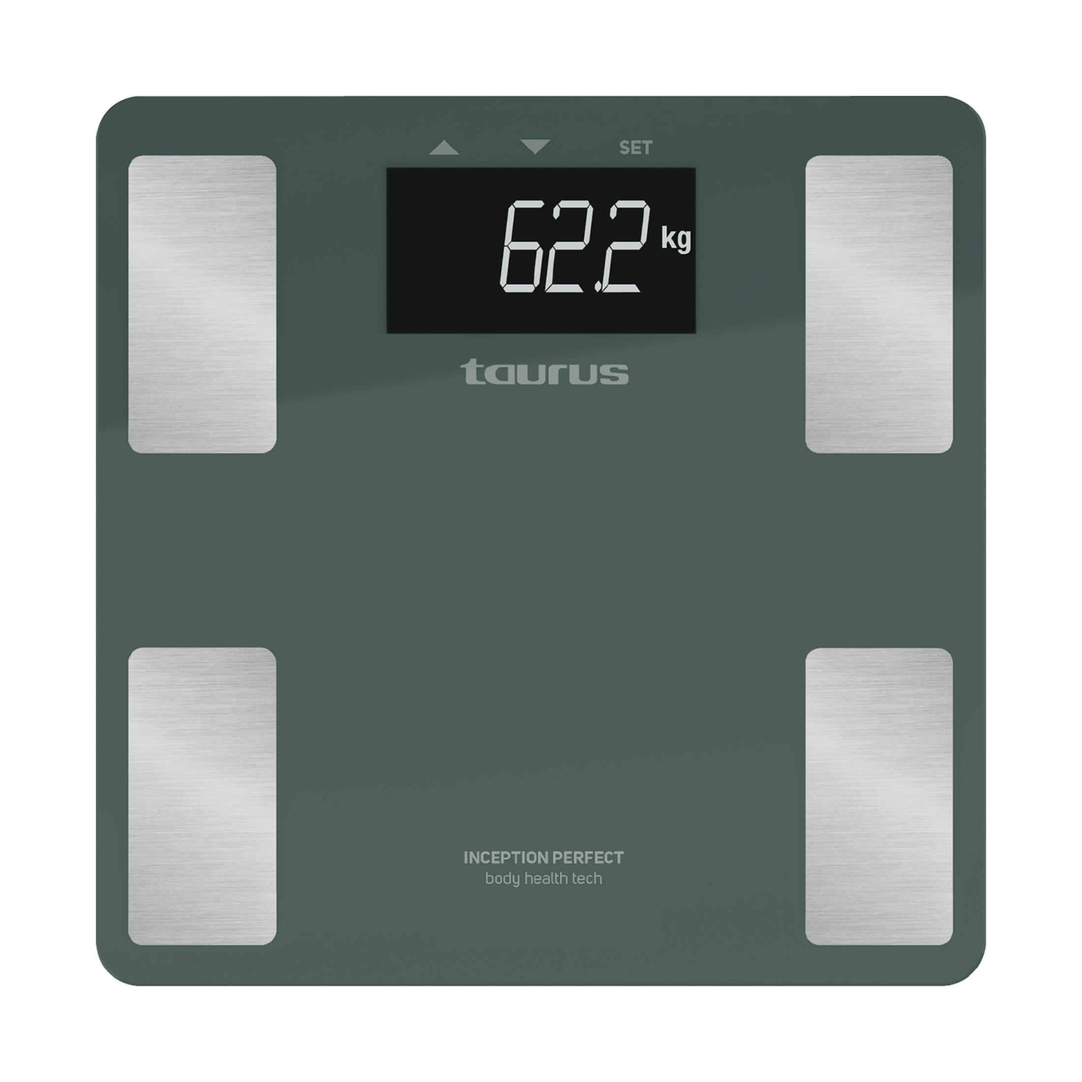 Grijze digitale weegschaal met 62,2 kg weergave en vier zilveren voetkussens.