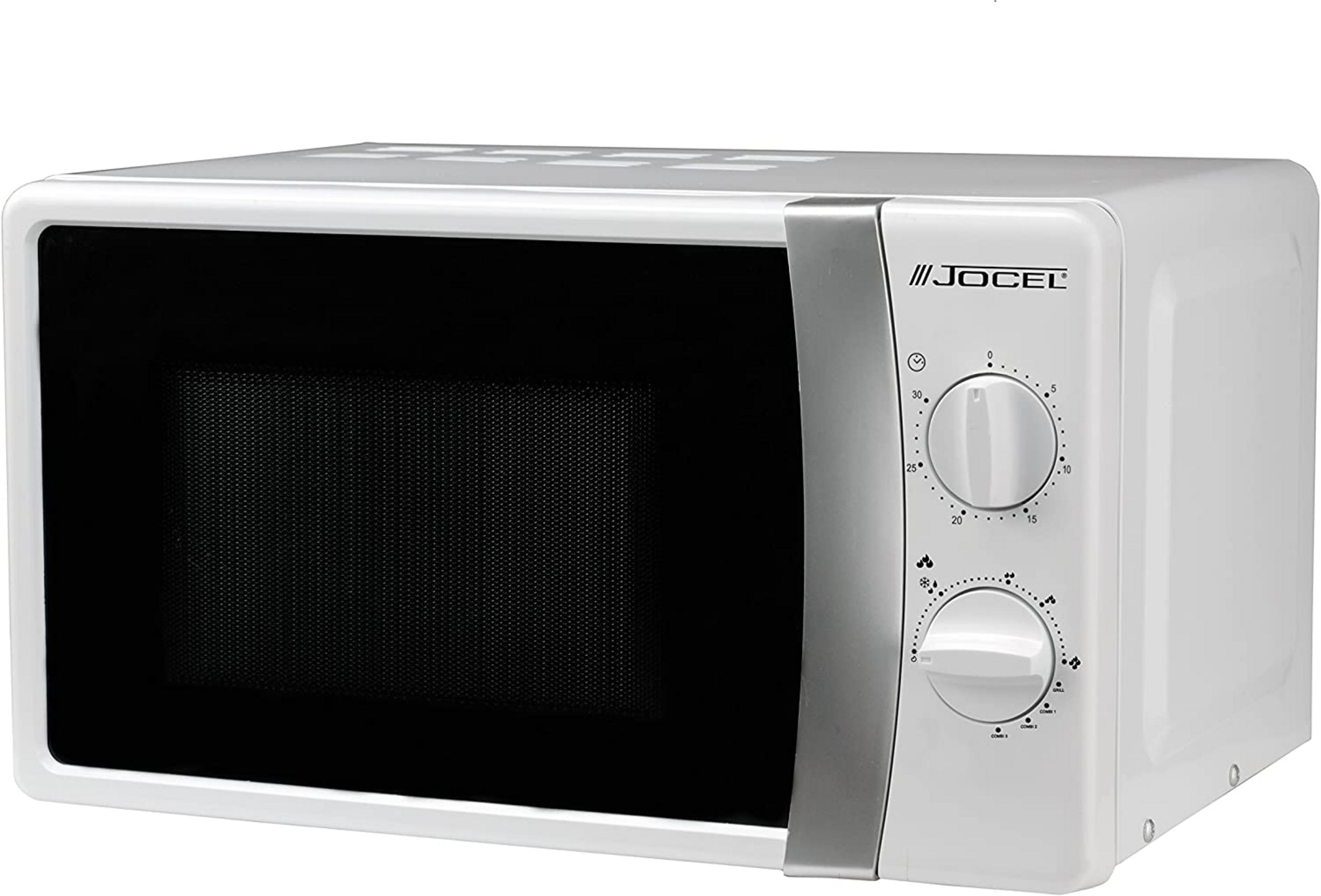 Un microondas Jocel blanco con puerta negra y dos mandos giratorios.