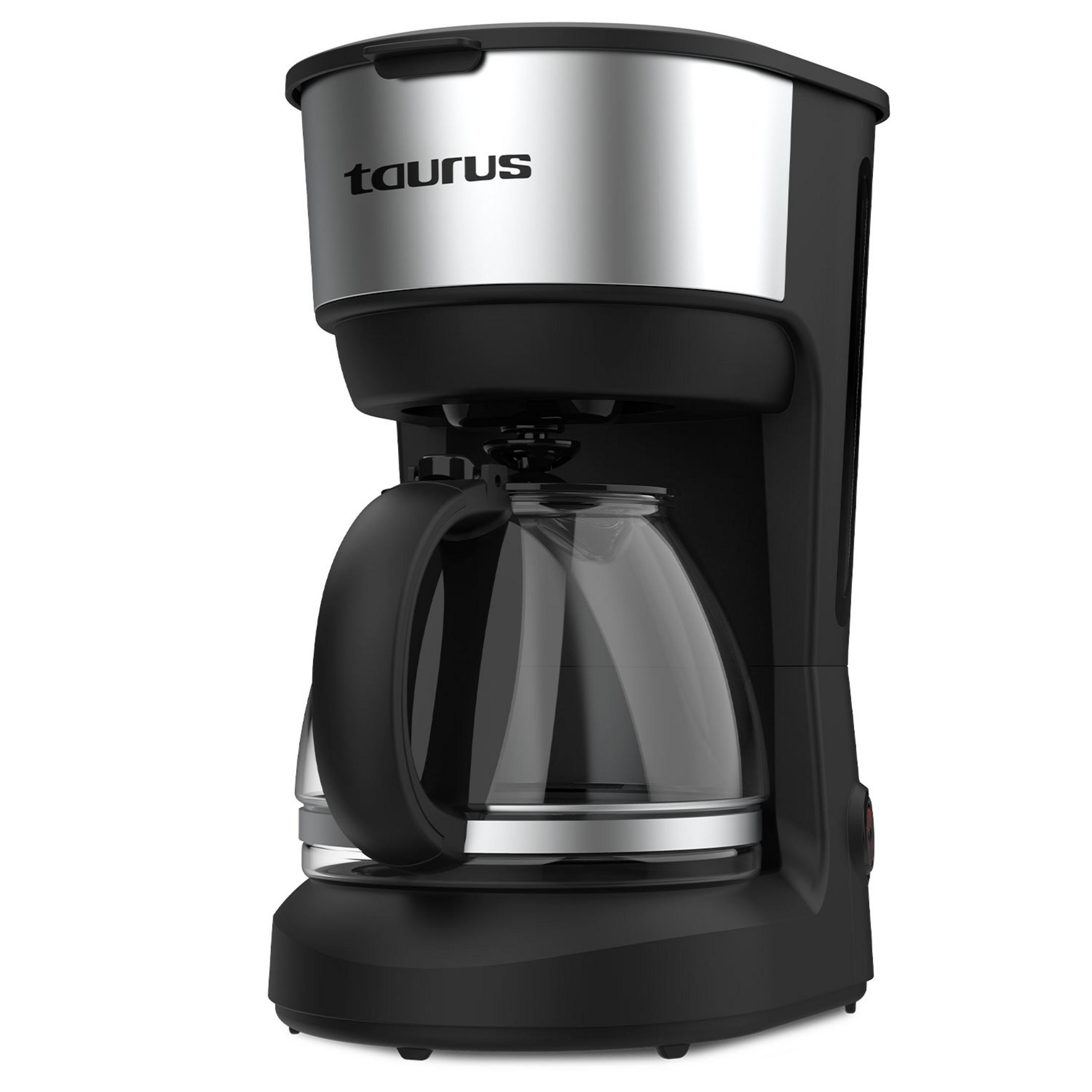 Cafetera Taurus negra con jarra de vidrio y detalle plateado.
