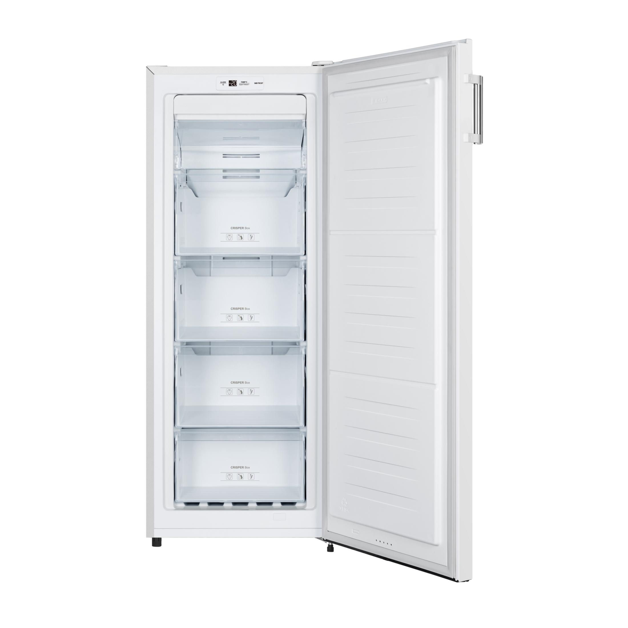 Un congelador blanco con la puerta abierta, mostrando cuatro cajones transparentes.