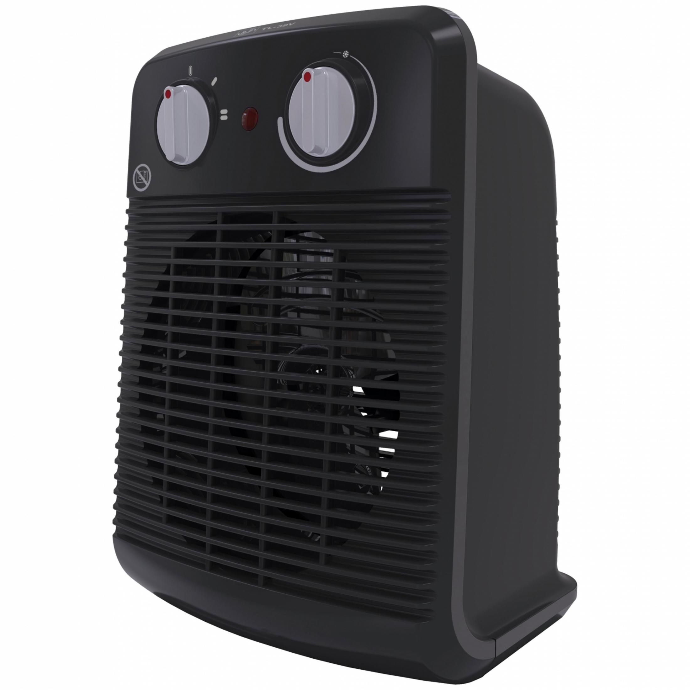 Un calentador eléctrico portátil negro con rejilla de ventilador y dos perillas.