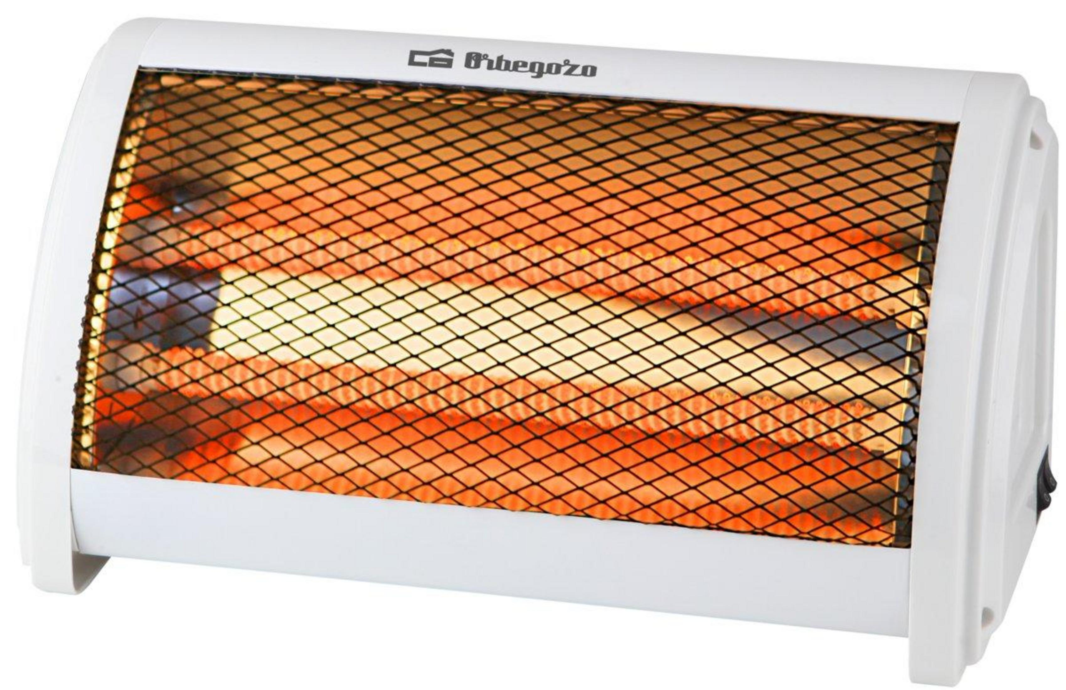 Un termoventilatore radiante bianco con griglia di sicurezza nera ed elementi riscaldanti accesi.