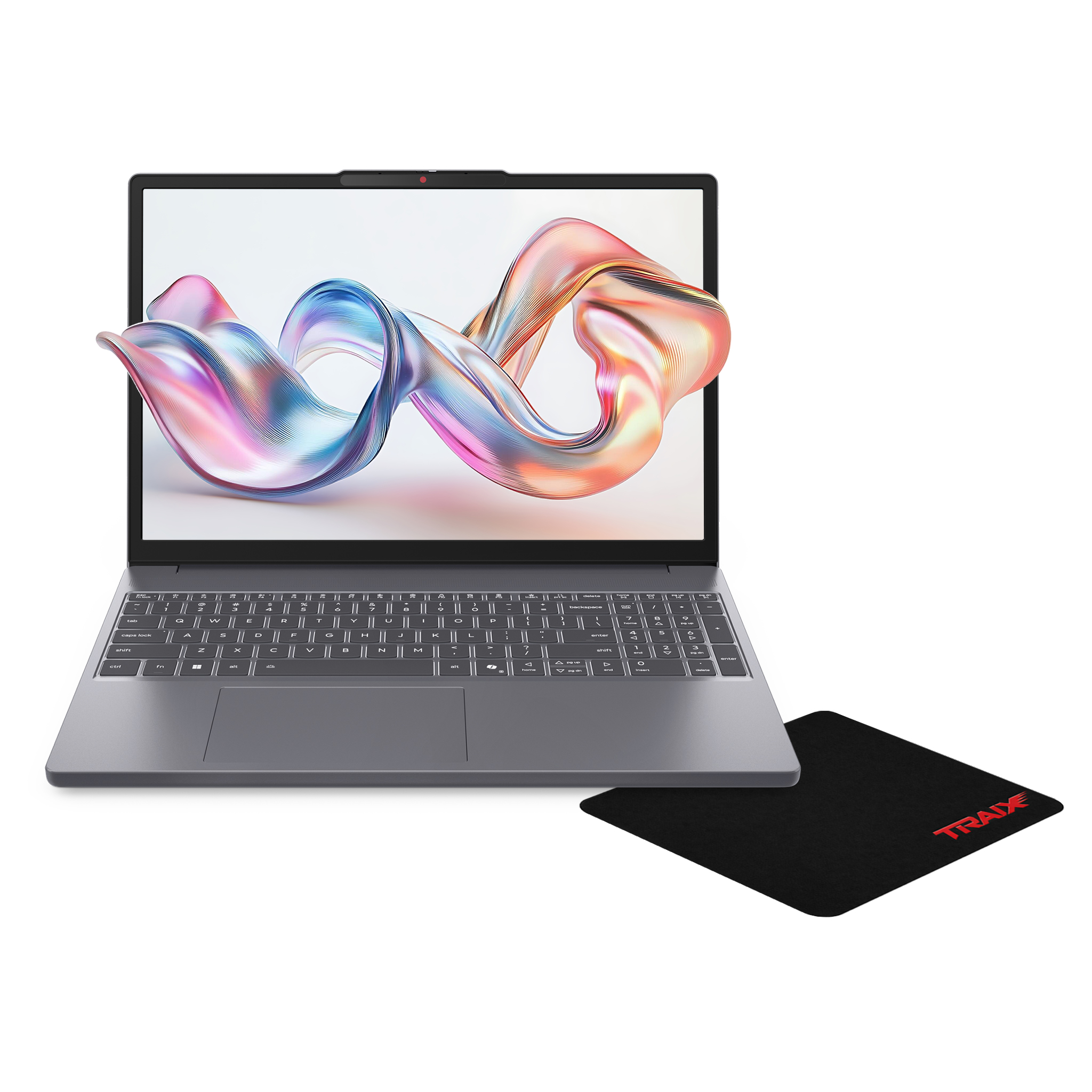 Ekranında renkli soyut sanat bulunan gri dizüstü bilgisayar, üzerinde kırmızı logo olan siyah mouse pad.