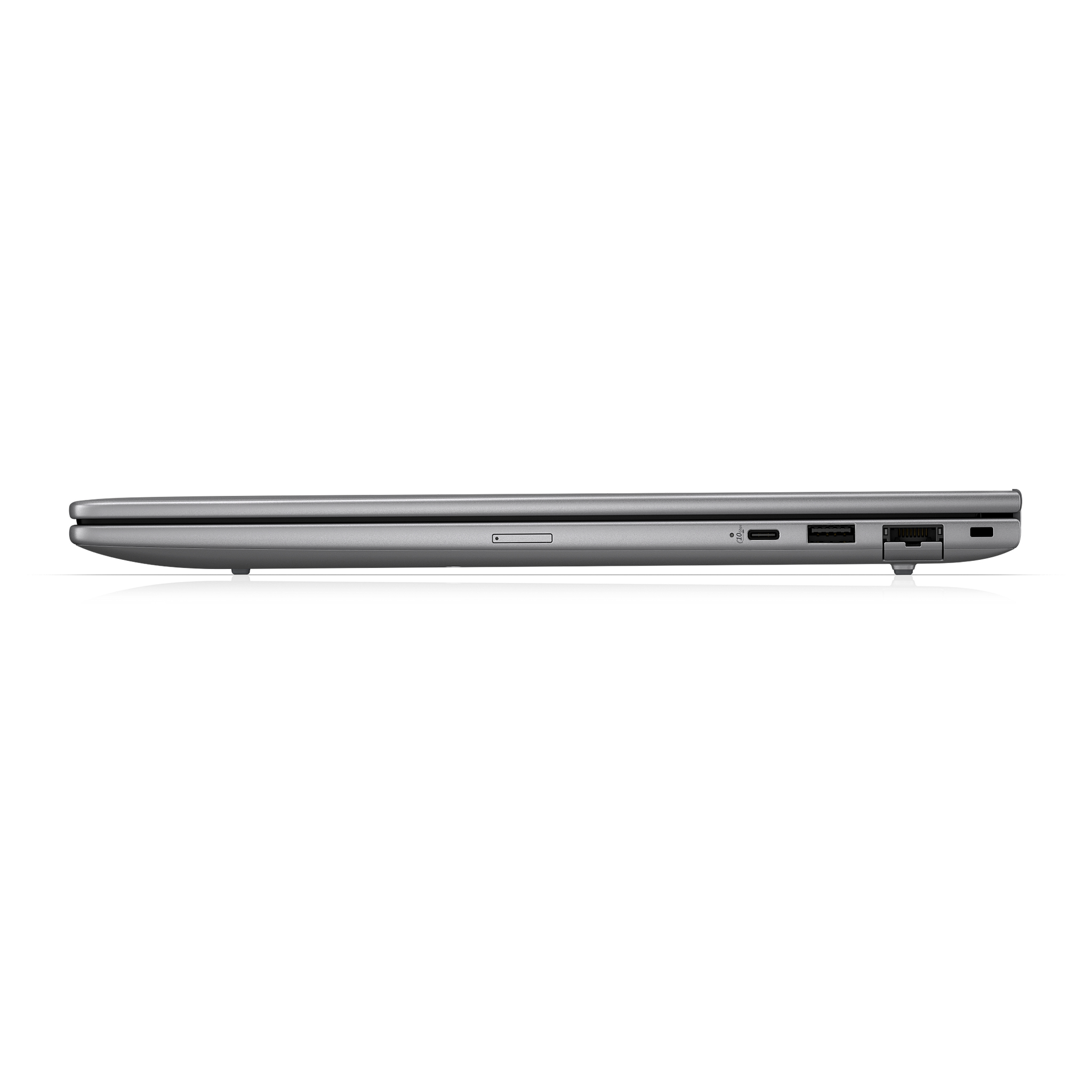 Gümüş laptop yan görünüm, portlar: SD kart, USB-C, USB-A ve Ethernet.