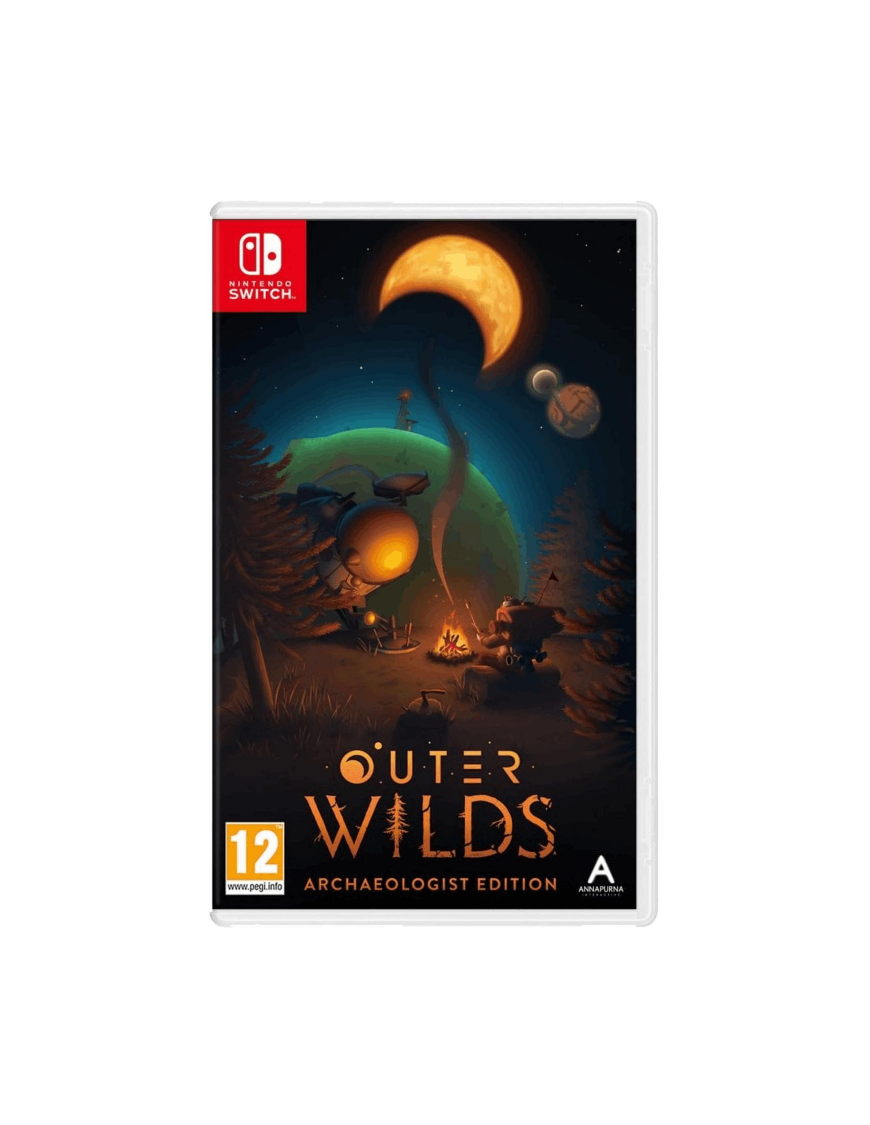 Copertina gioco Nintendo Switch: Scena spaziale con falò, luna e pianeti.