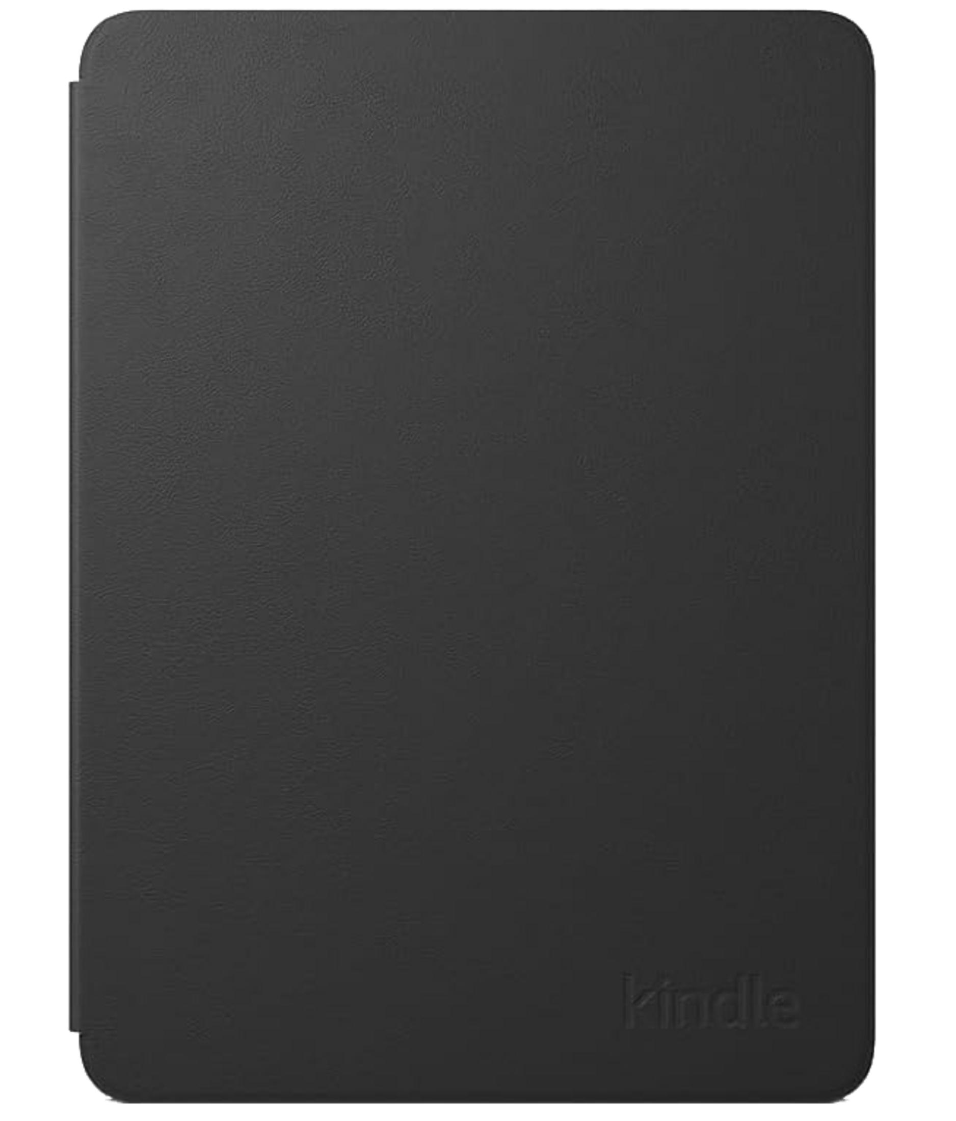 Beyaz arka plan üzerinde kabartmalı logolu siyah Kindle kılıfı.