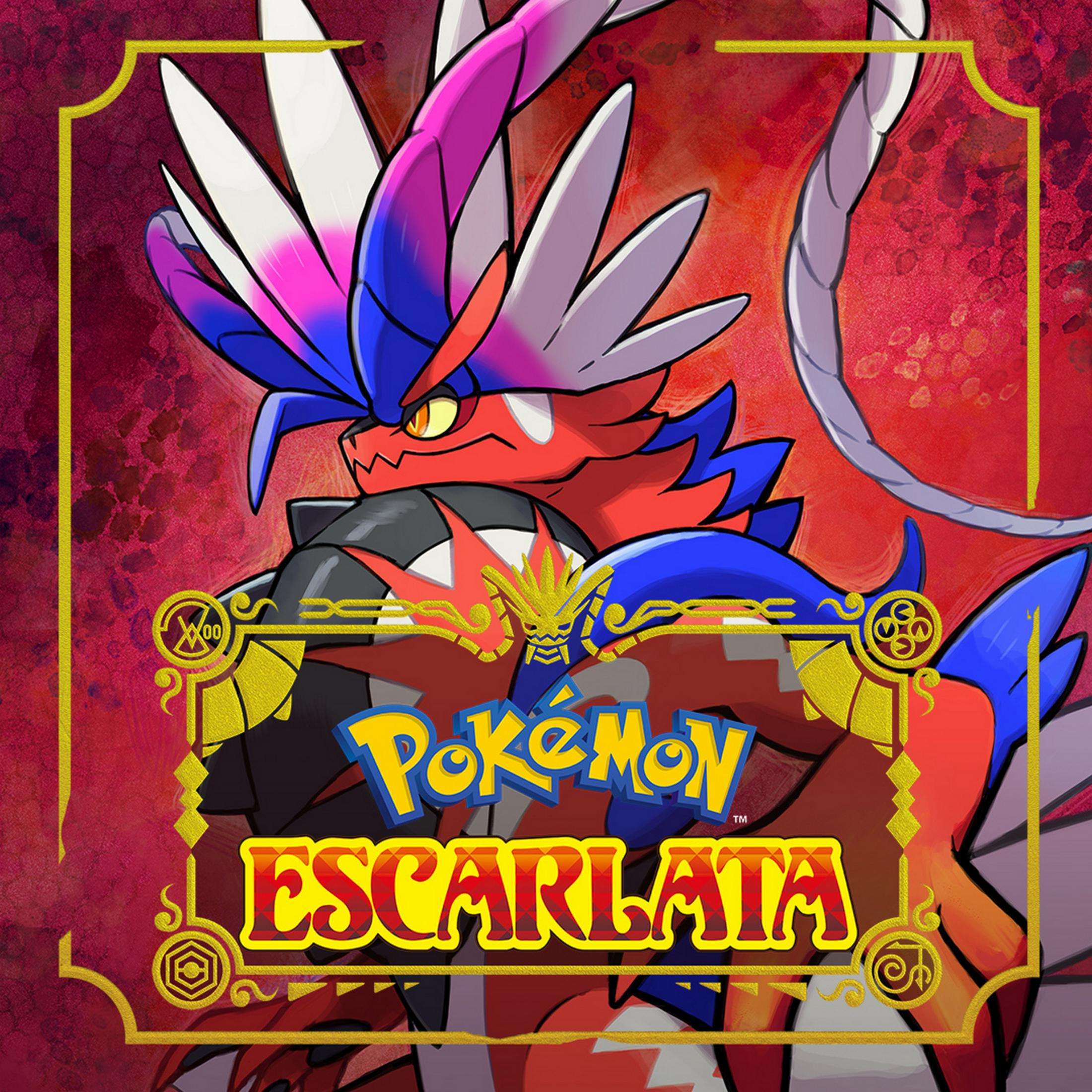 Un drago rosso e blu con testo giallo "Pokemon Escarlata".