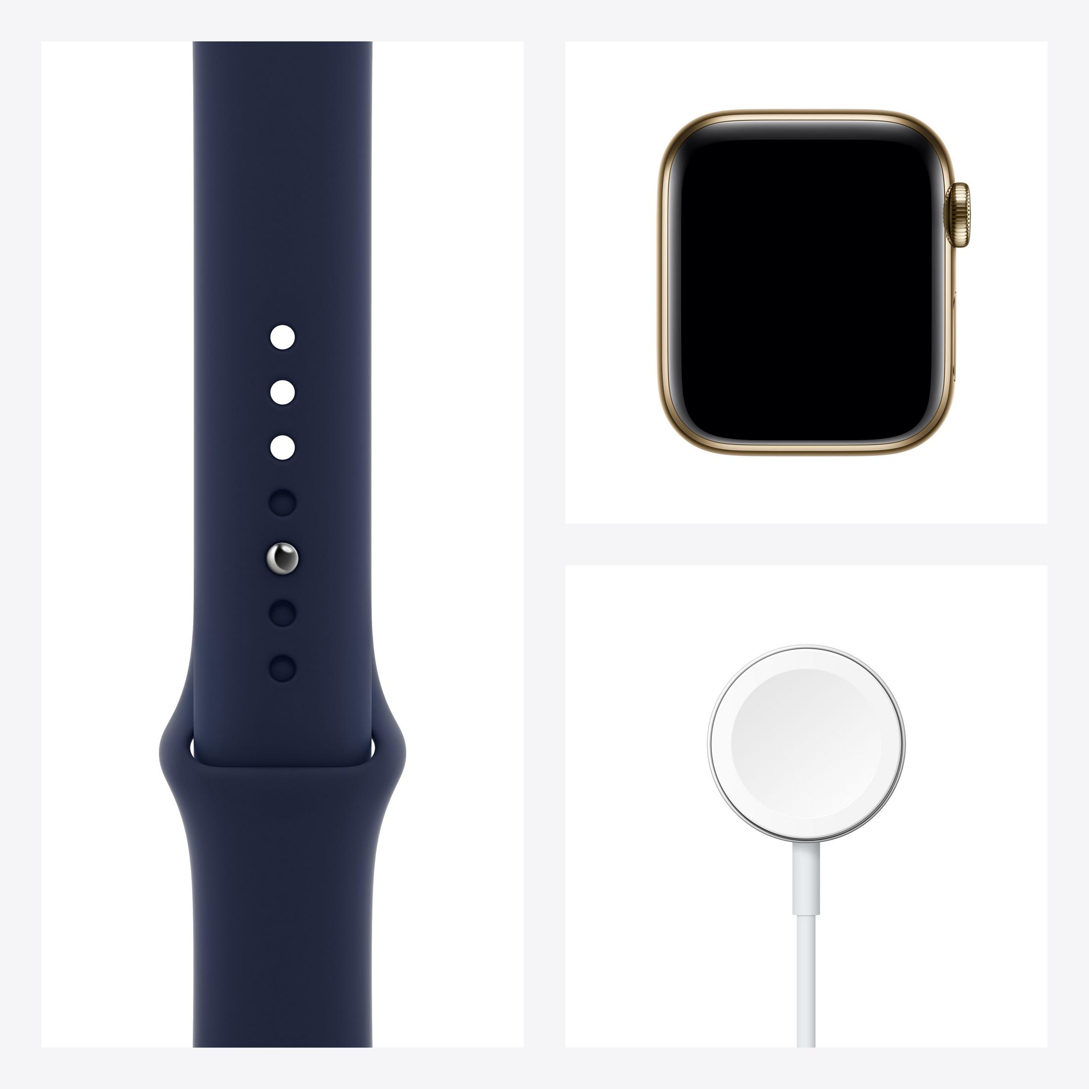 Una correa de reloj azul, un reloj inteligente dorado y un cargador blanco.