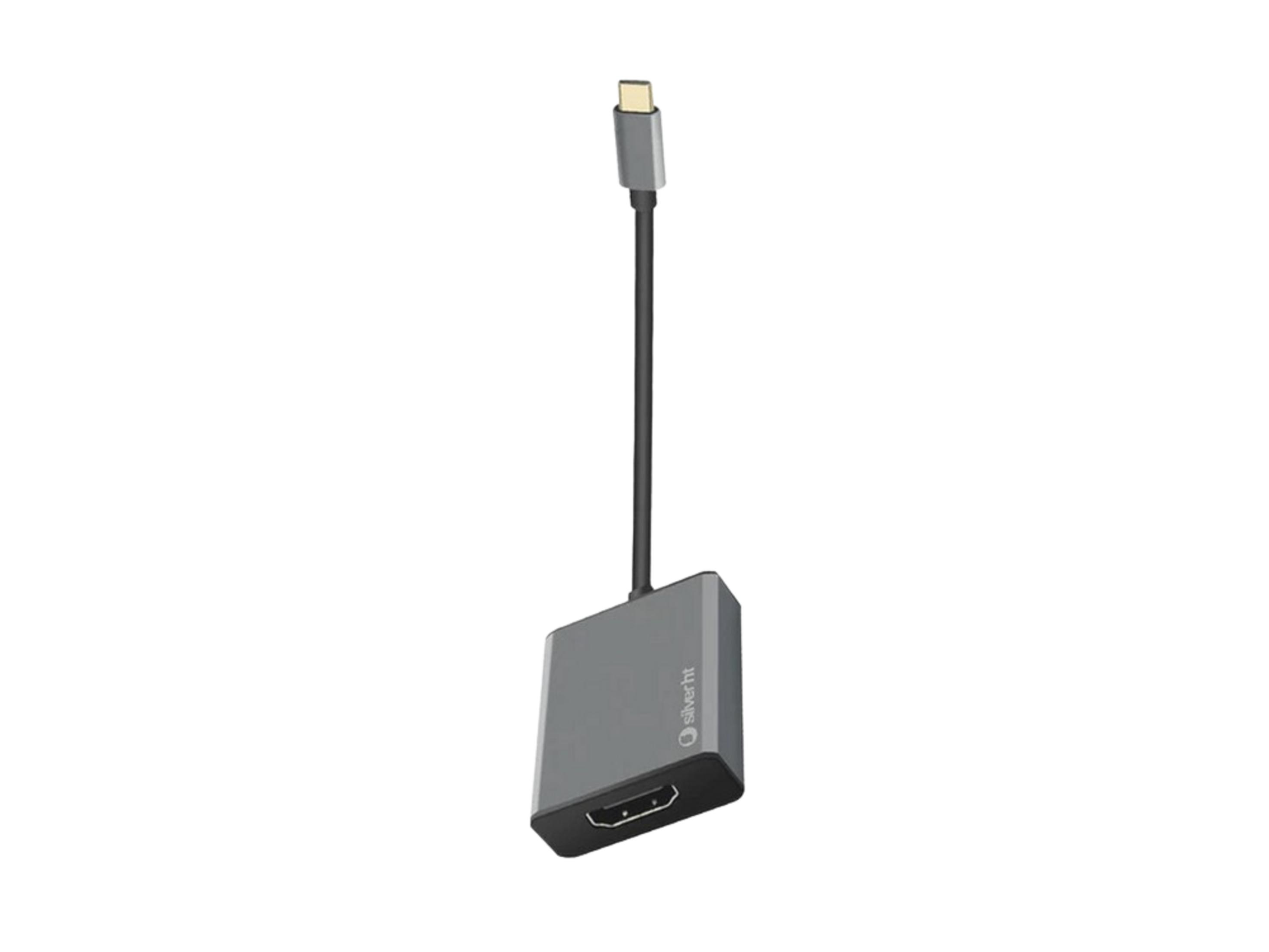 Un adaptador USB-C a HDMI gris con un puerto HDMI y un conector USB-C.