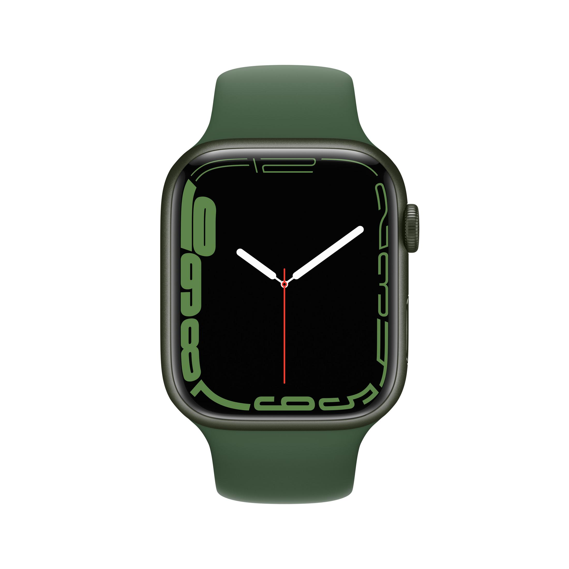 Un reloj inteligente verde con esfera negra y manecillas blancas.