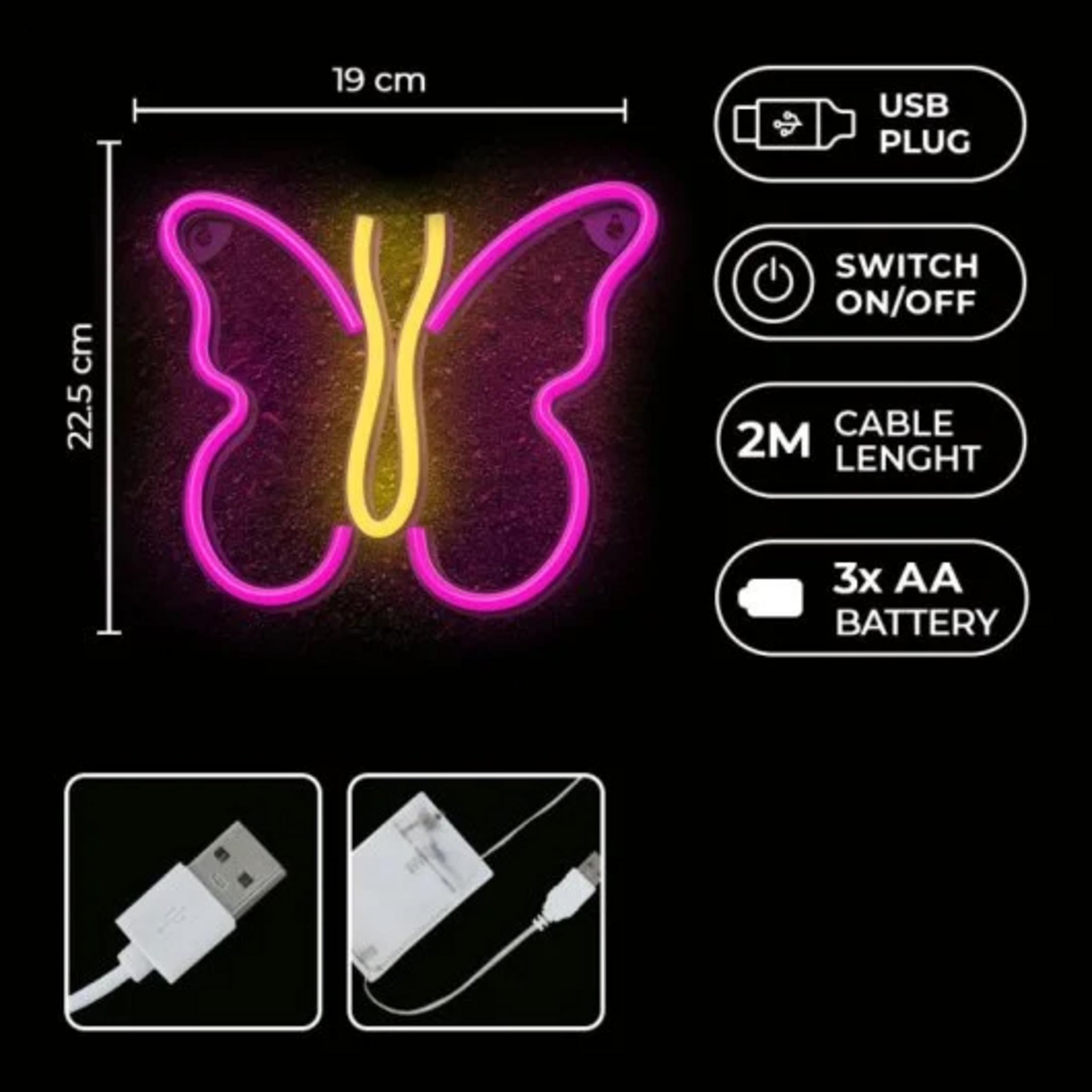 Neon-Schmetterling (19x22.5cm) mit USB, Schalter, 2m Kabel, 3xAA Batterie.
