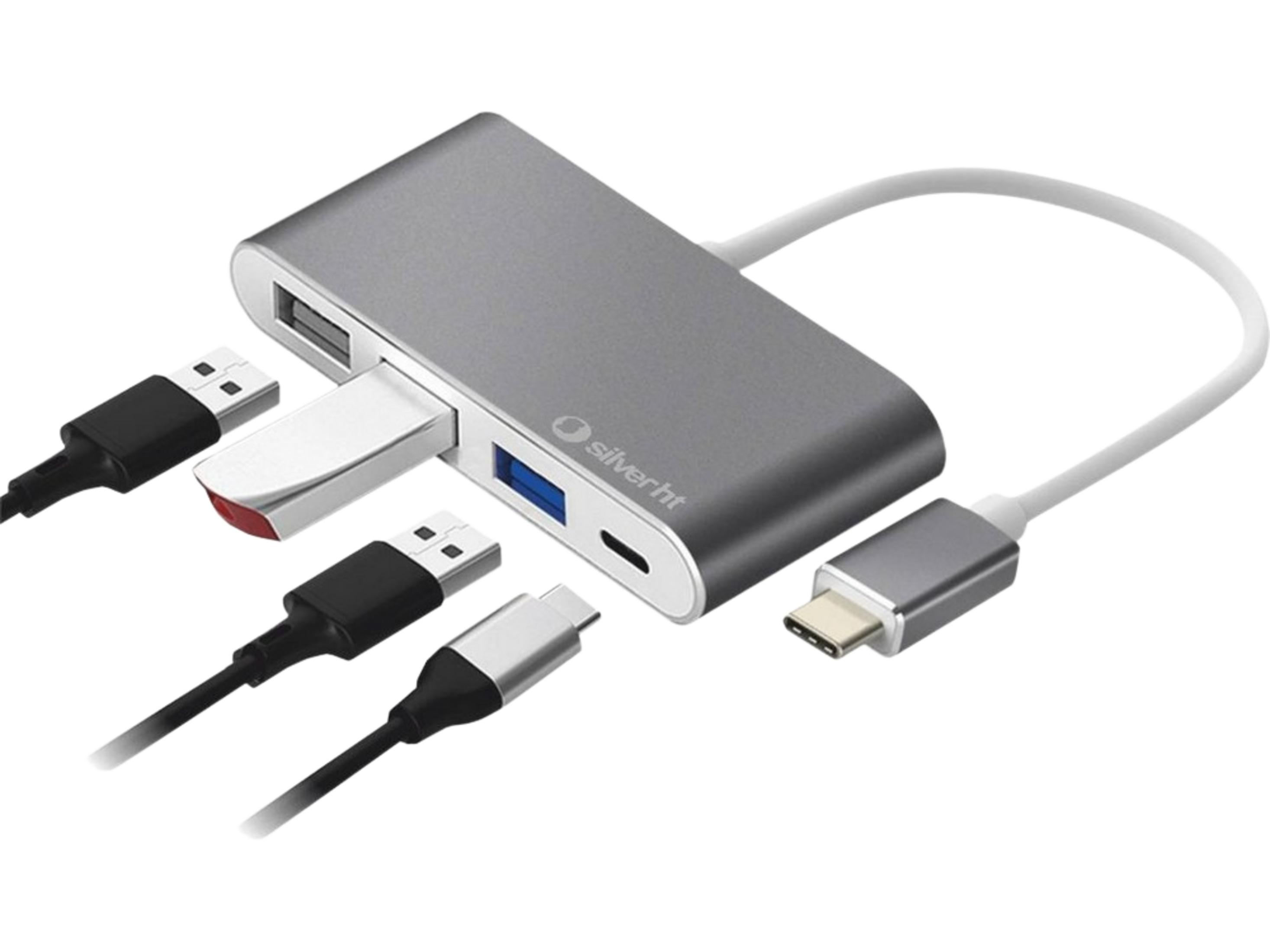 Hub USB-C grigio con tre porte USB-A e una porta USB-C.